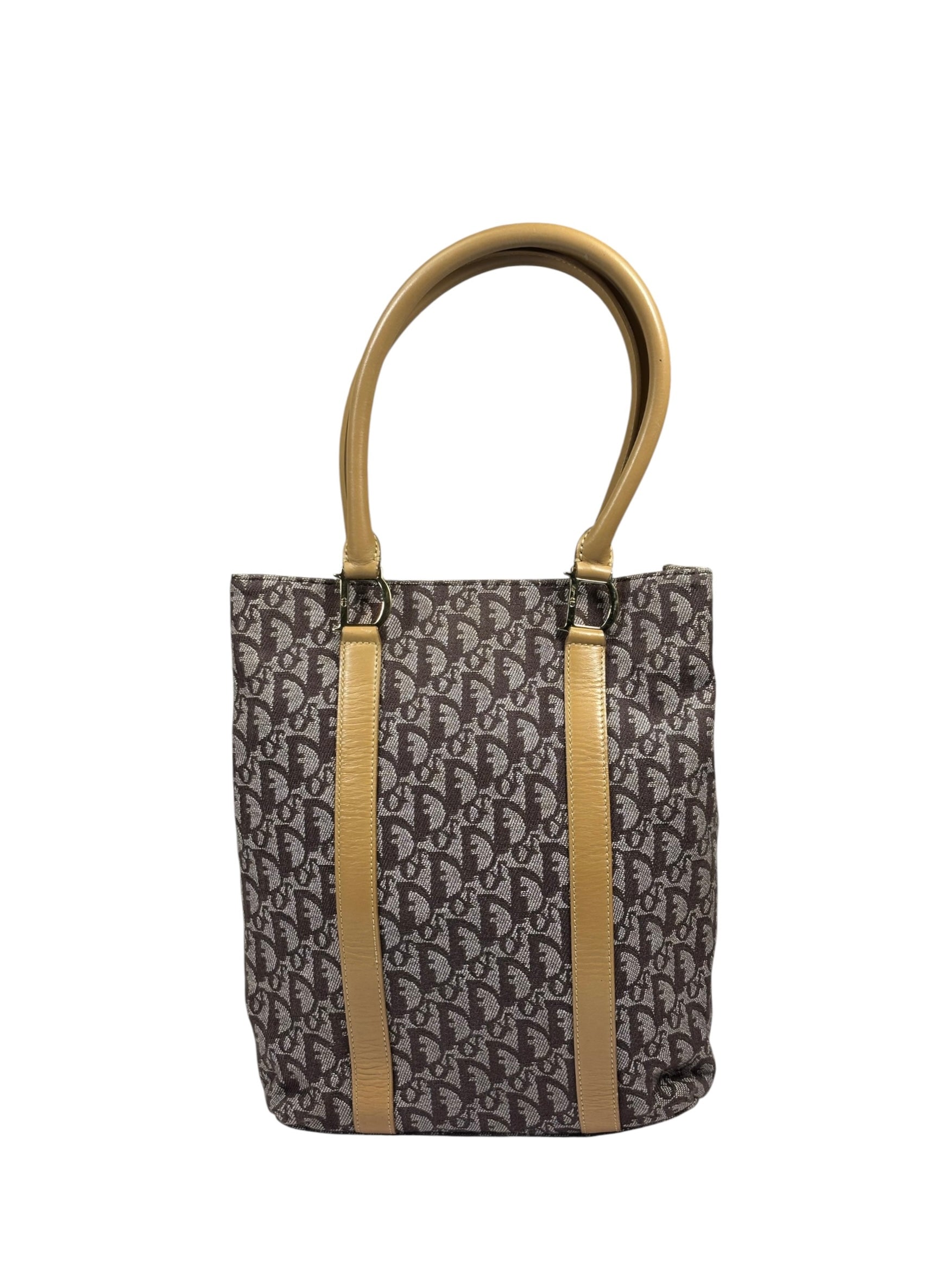 Christian Dior Brown Leather Trim Canvas Trotter Tote