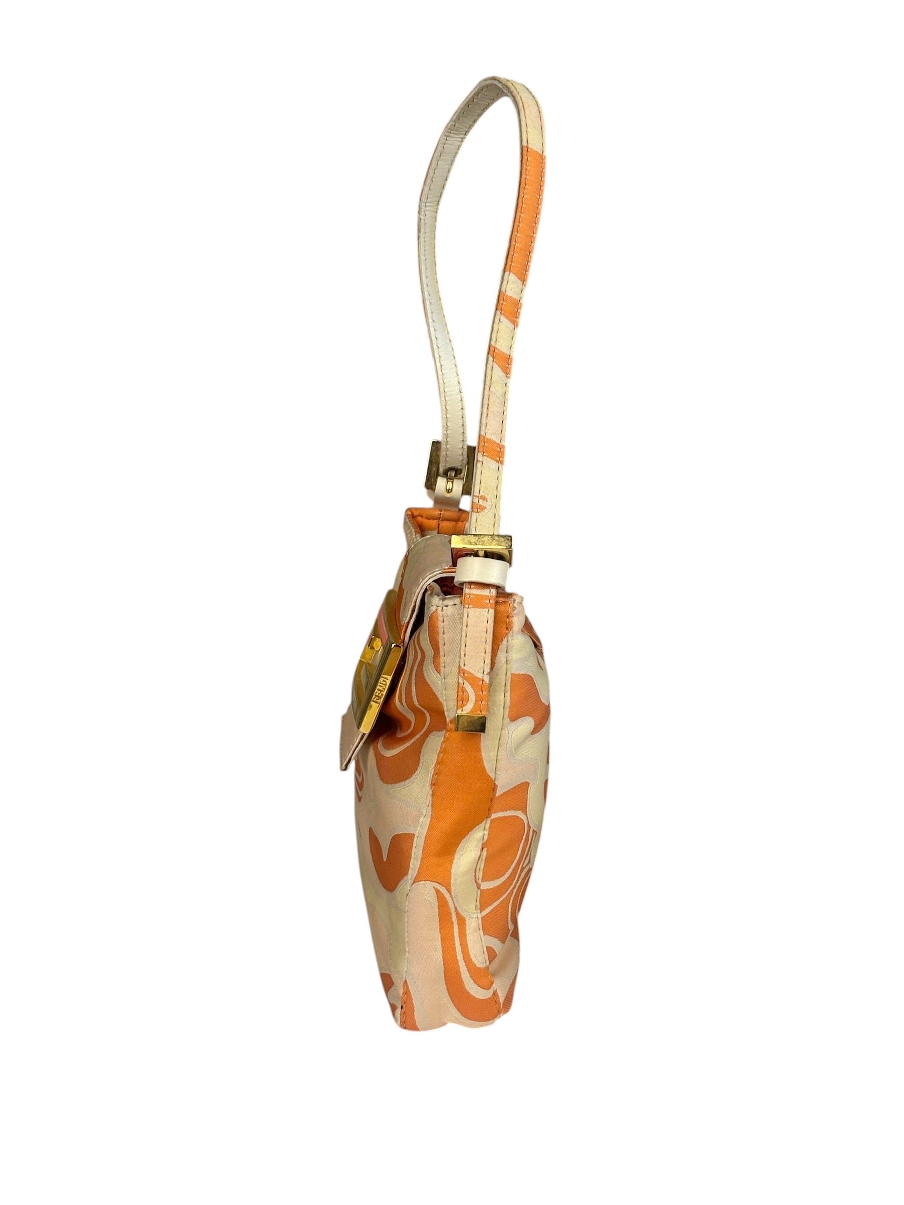 Fendi Orange Leather Trim/Satin Swirl Print Mini Baguette