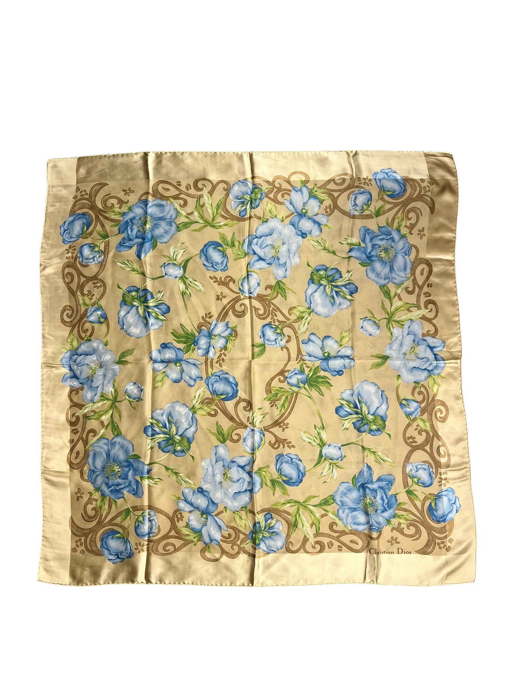 Christian Dior Beige/Blue Floral Silk Scarf