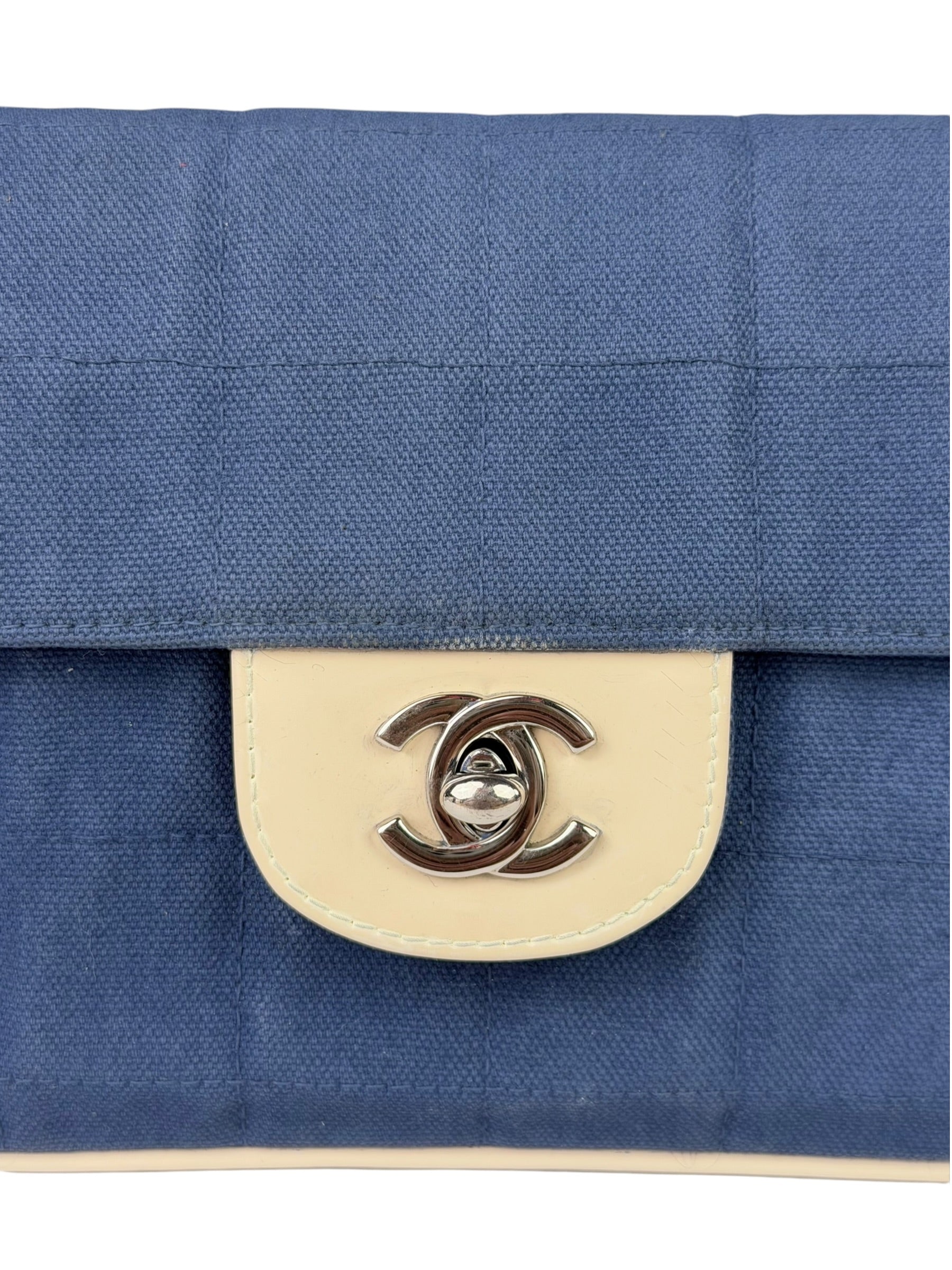 Chanel Blue/Cream Patent Leather Trim East-West Chocolate Bar Shoulder Bag 2002
