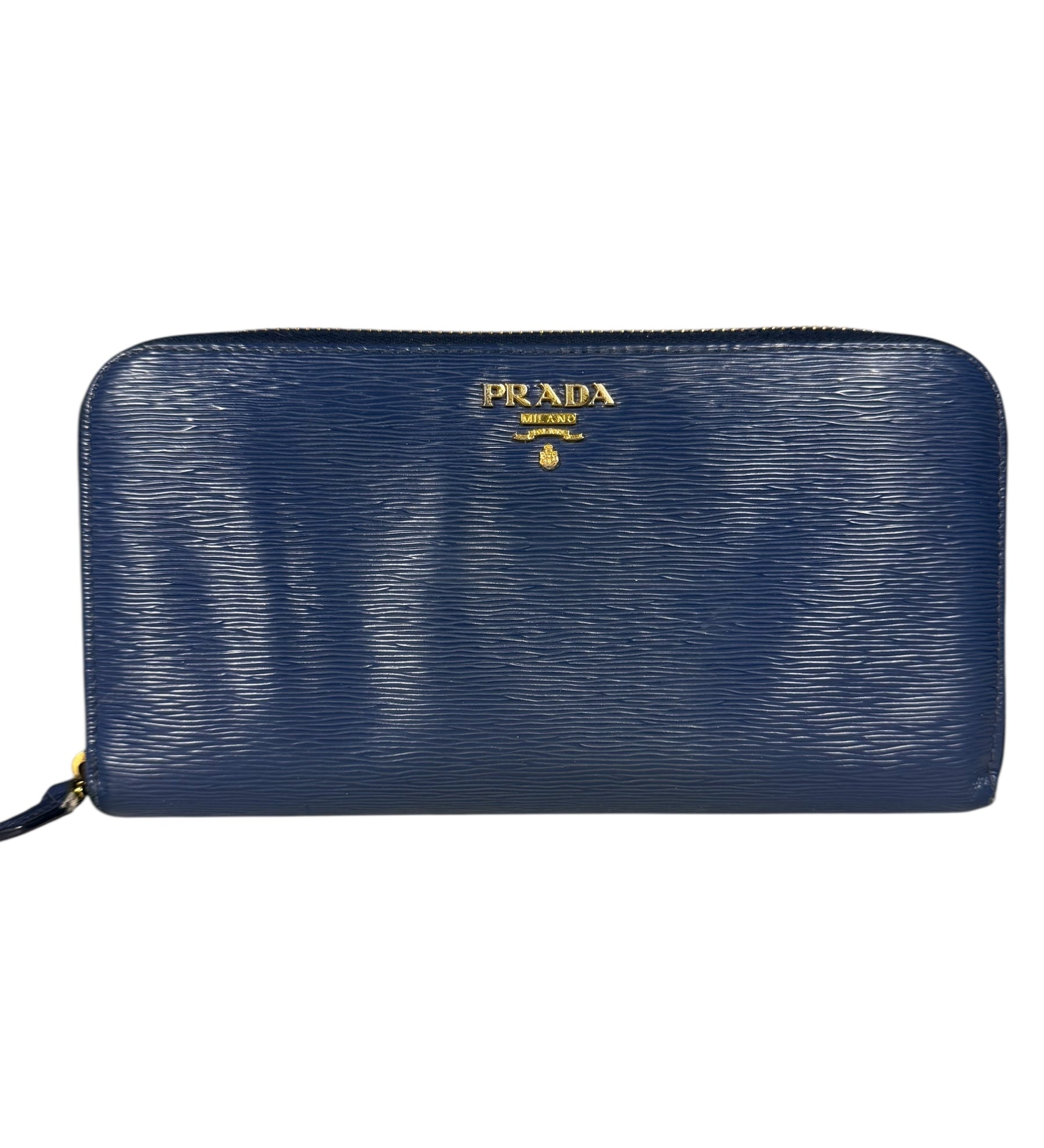 Prada Long Zip Leather Wallet Blue