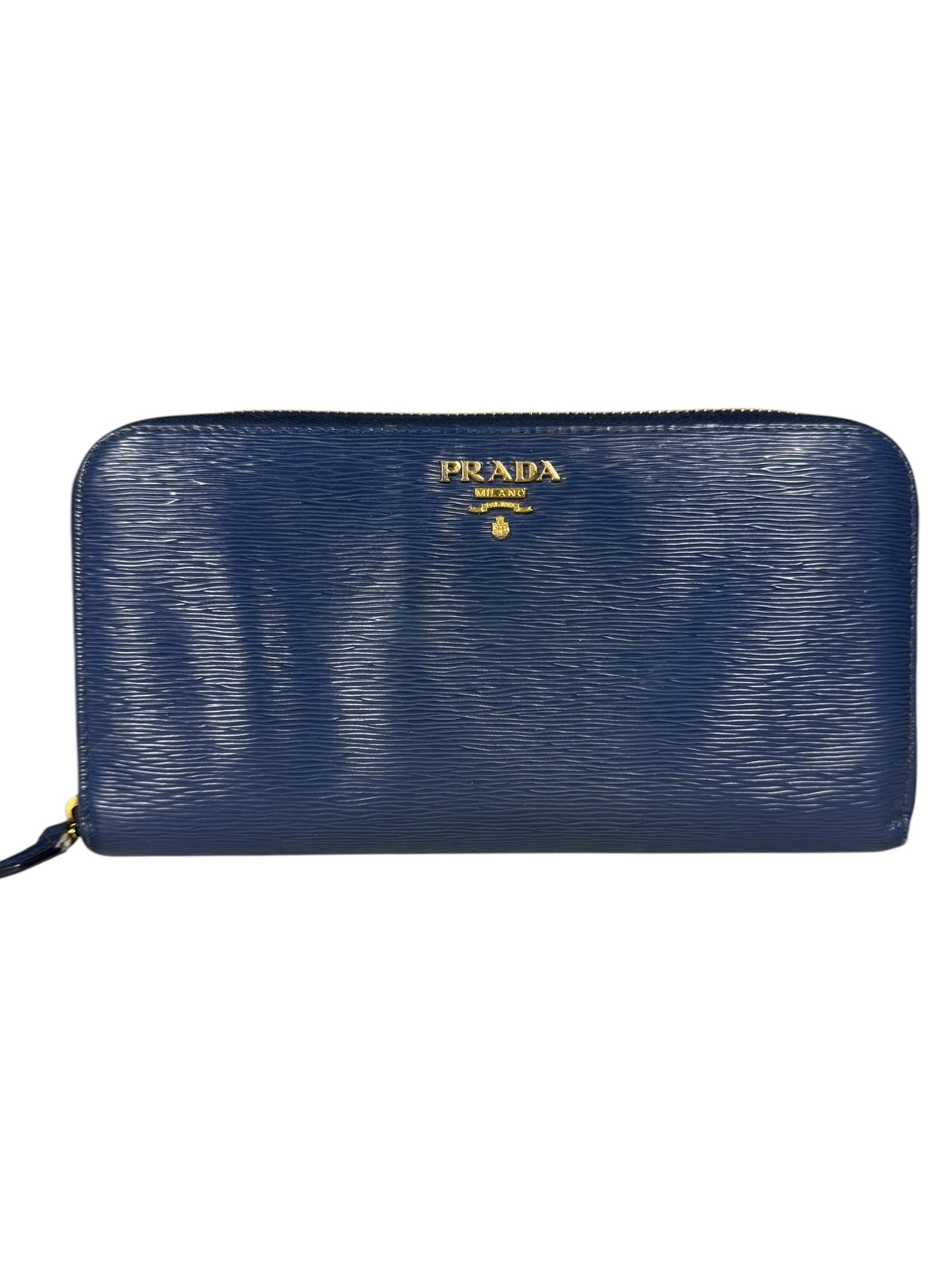 Prada Long Zip Leather Wallet Blue