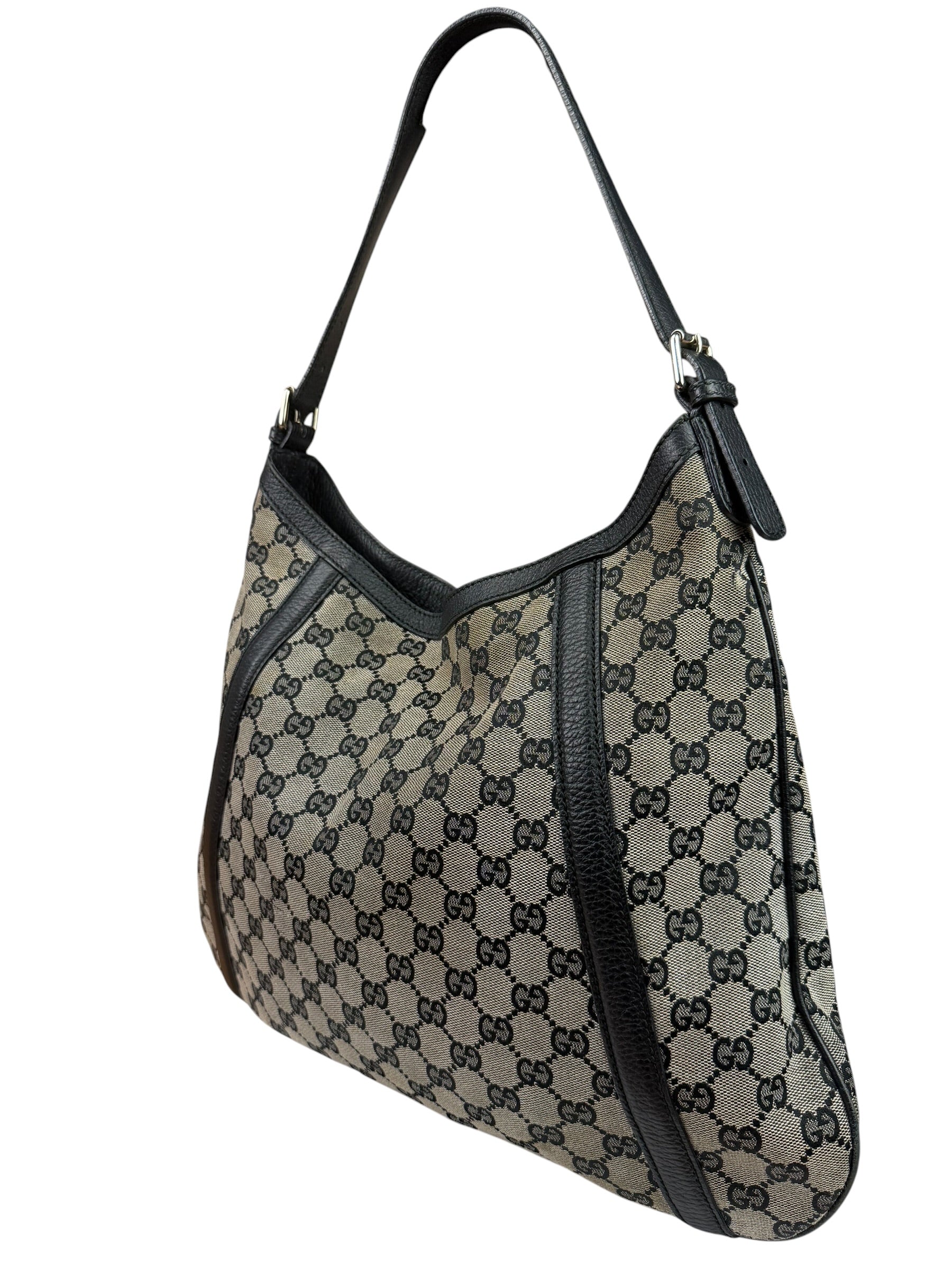 Gucci Black Leather Trim GG Supreme Hobo Bag
