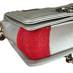 Chanel CC Silver Lambskin Quilted Boy Bag Red Stingray 2012