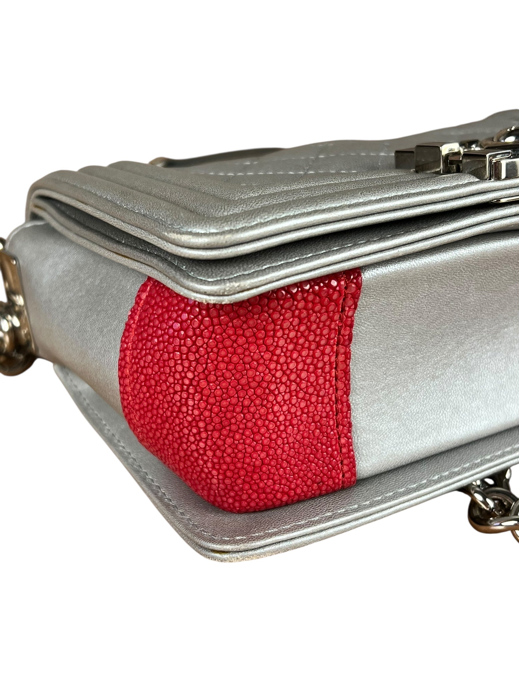 Chanel CC Silver Lambskin Quilted Boy Bag Red Stingray 2012