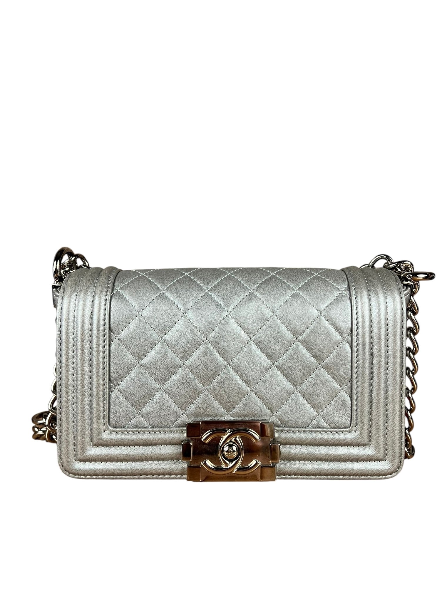 Chanel CC Silver Lambskin Quilted Boy Bag Red Stingray 2012
