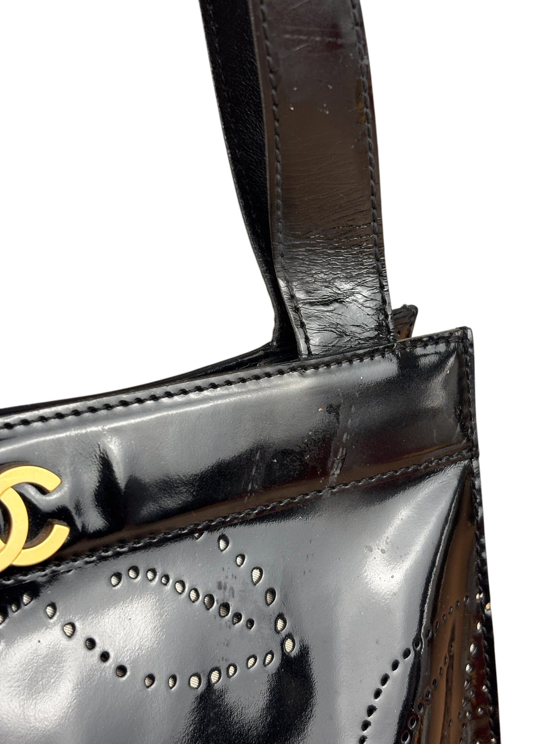 Chanel Black Patent Leather Perforated Camellia Tote Bag 2003