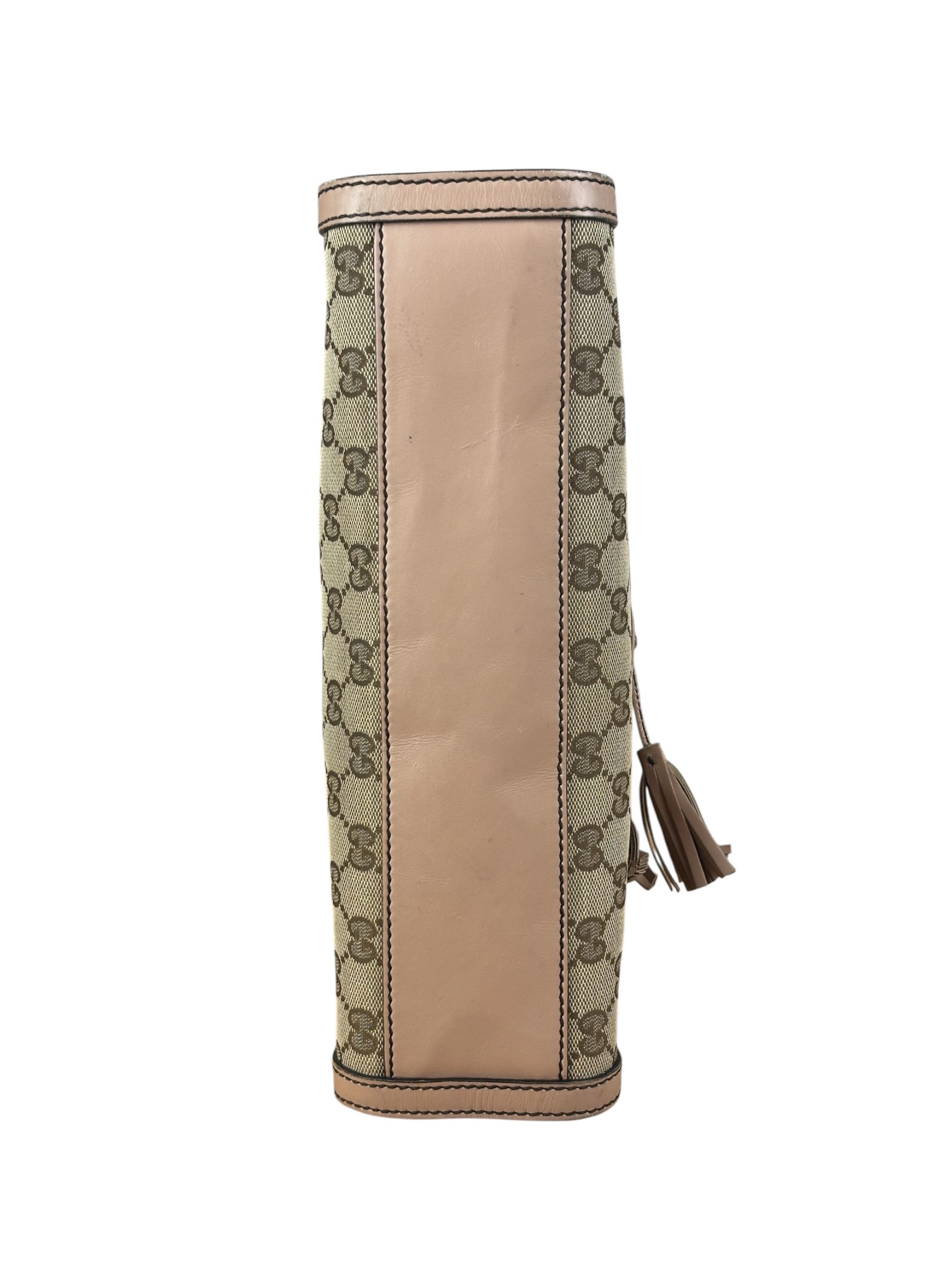 Gucci Peach Leather Trim GG Canvas Emily Chain Flap Shoulder Bag