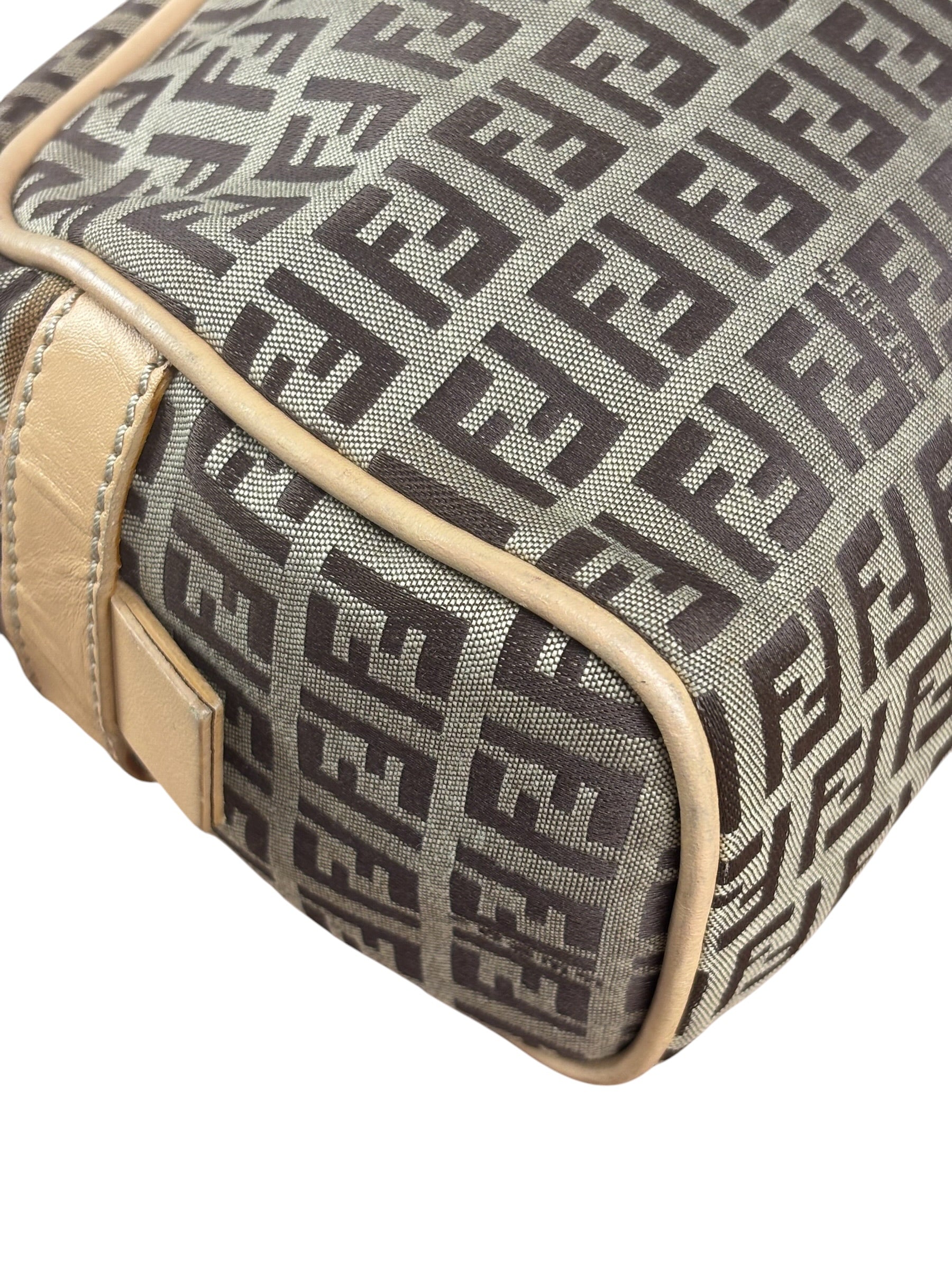 Fendi Beige Leather Trim Zucca Small Boston Bag