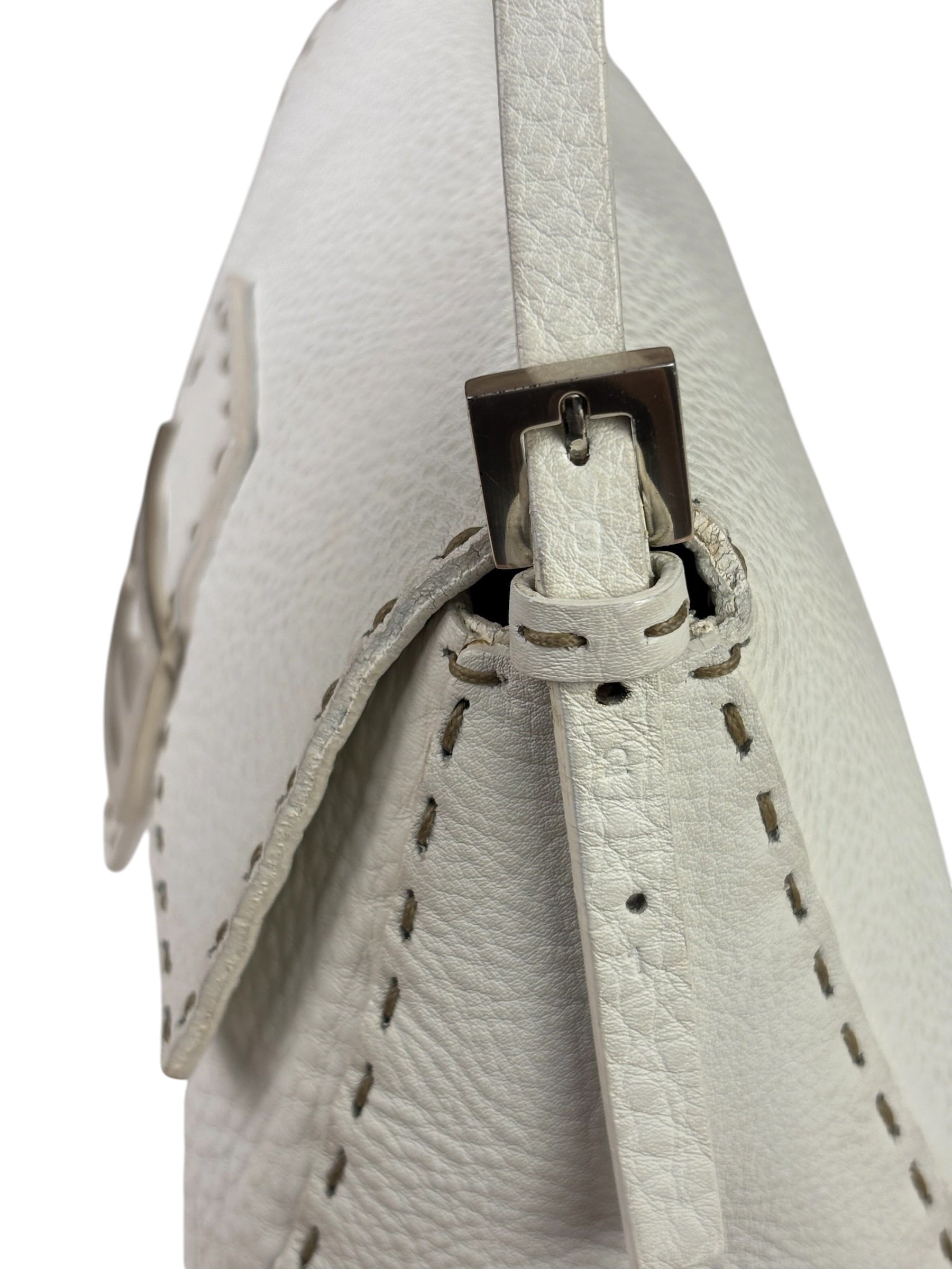 Fendi White Leather Selleria Baguette