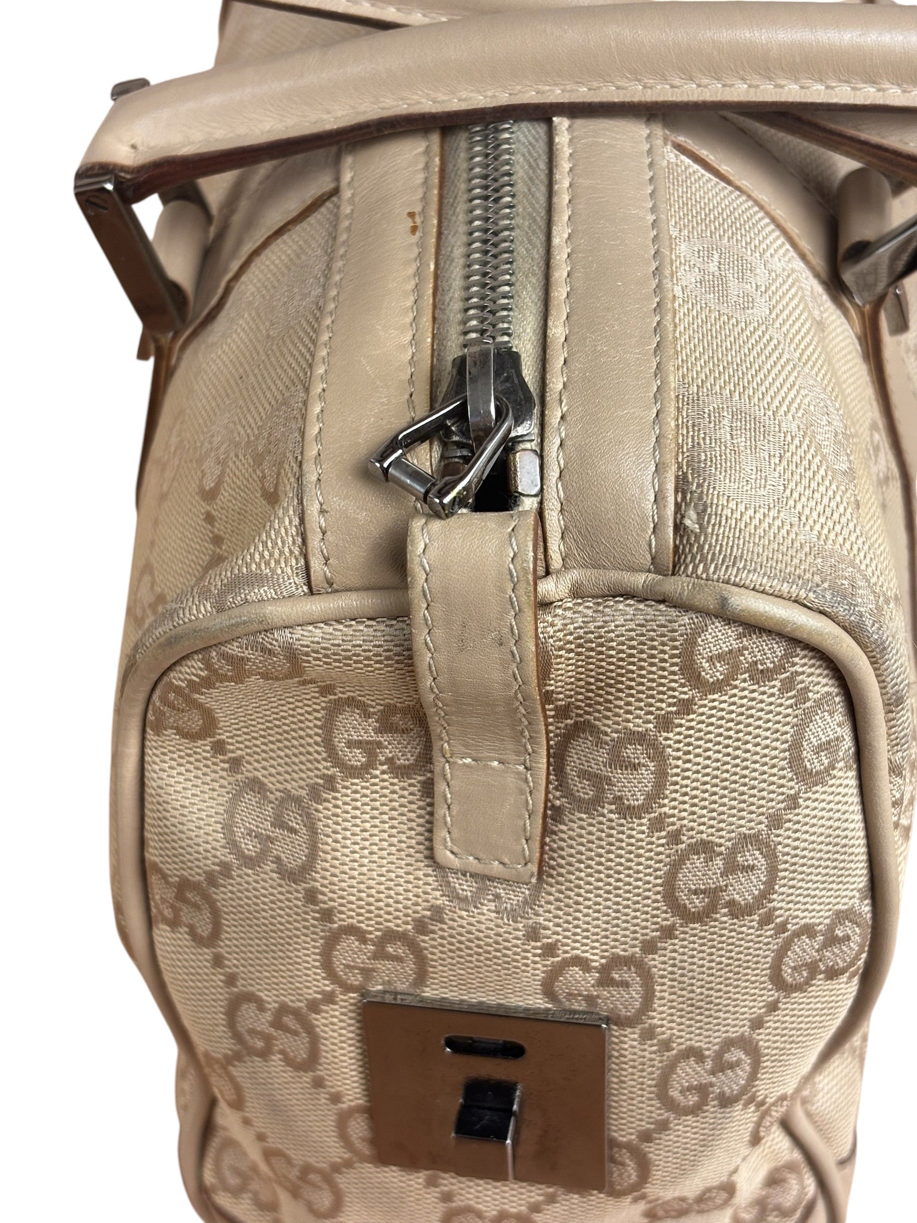 Gucci GG Beige Leather Trim Guccissima Small Boston Bag