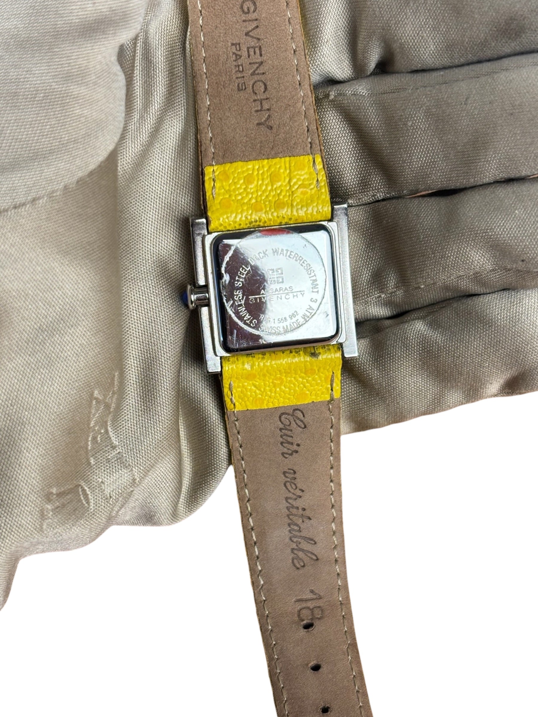 Givenchy Vinatge Yellow Leather Strapped Apsaras Yellow Square Dial Watch