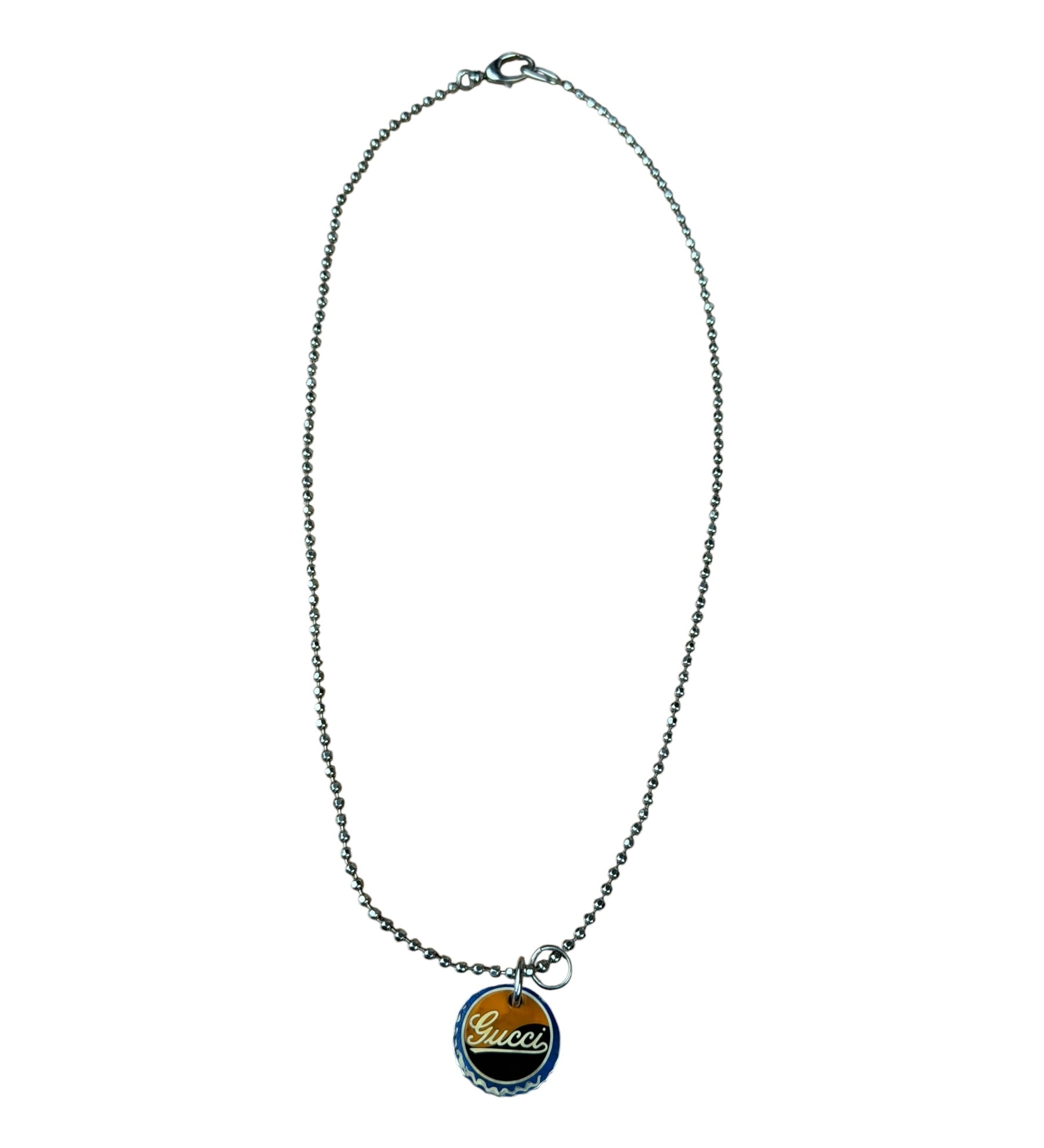 Gucci Sterling Silver Bottle-Cap-Style Enamel Logo Pendant Necklace