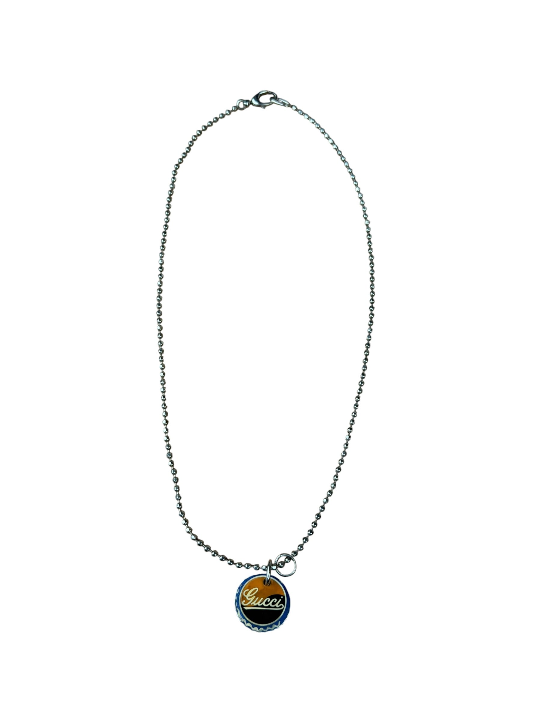 Gucci Sterling Silver Bottle-Cap-Style Enamel Logo Pendant Necklace