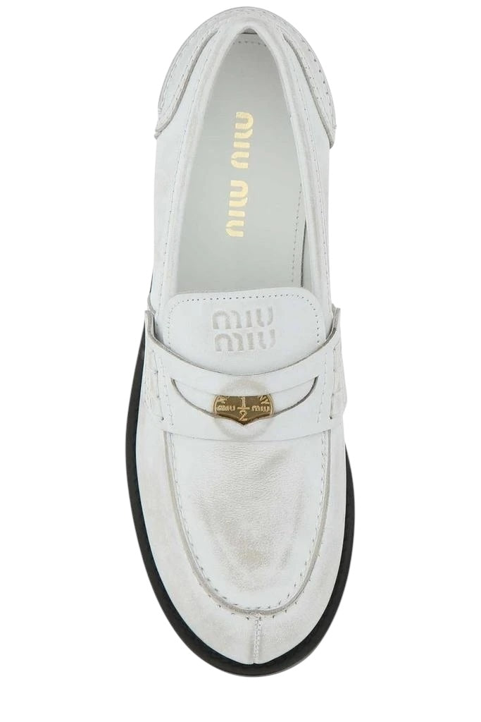 Miu Miu White Distressed Leather Penny Loafers