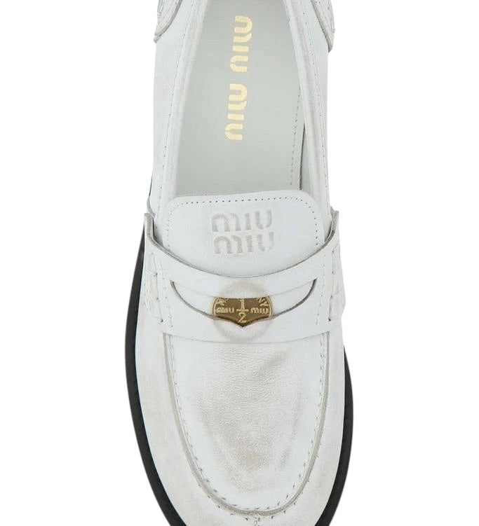 Miu Miu White Distressed Leather Penny Loafers