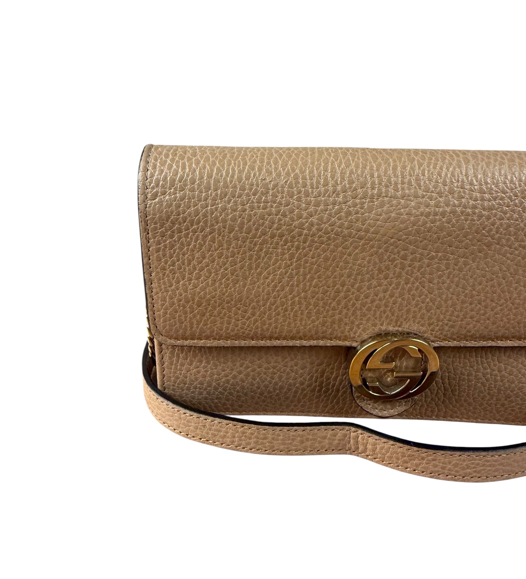 Gucci Light Caramel Pebbled Leather Wallet On Chain