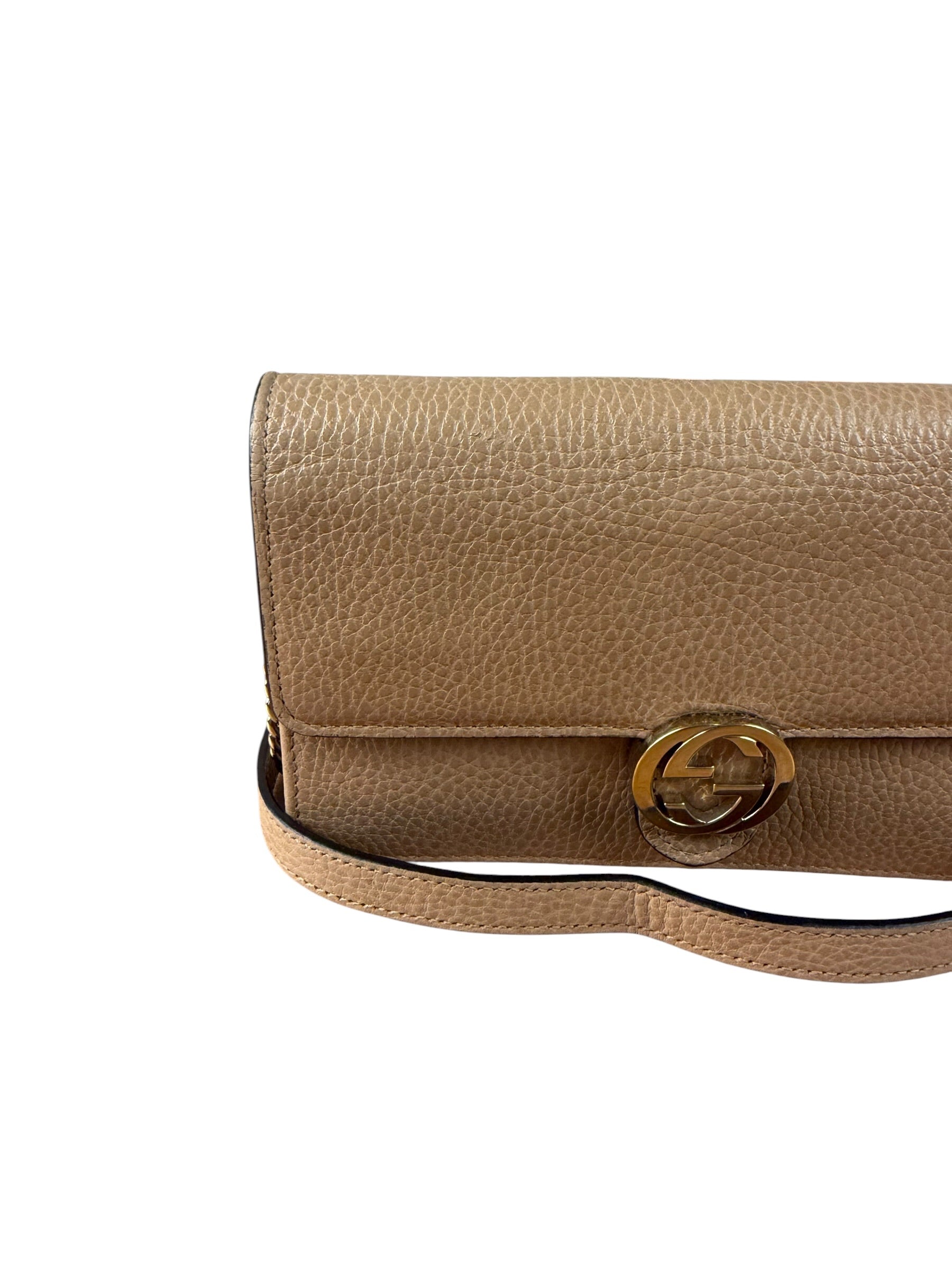 Gucci Light Caramel Pebbled Leather Wallet On Chain