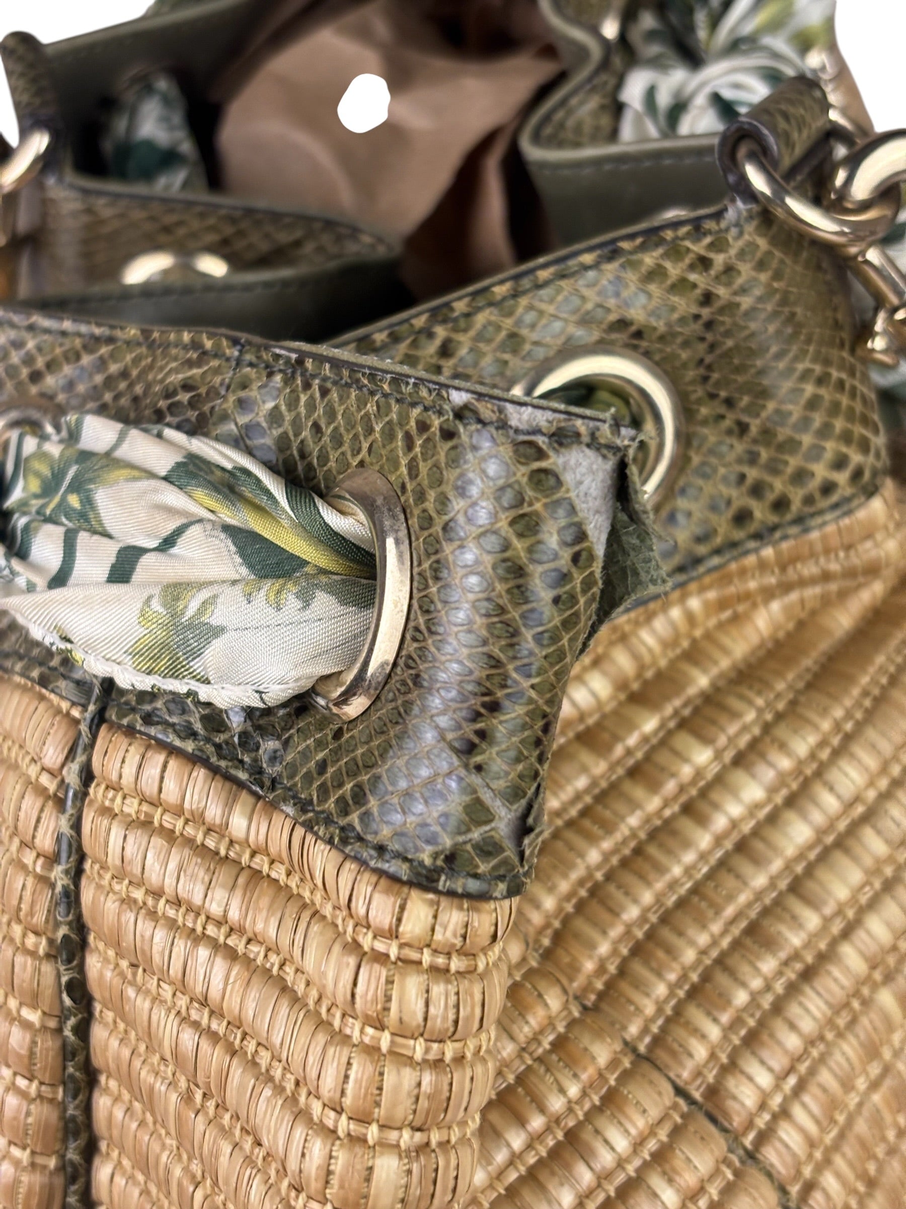 Gucci Brown Snakeskin Trim Large Raffia Positano Tote