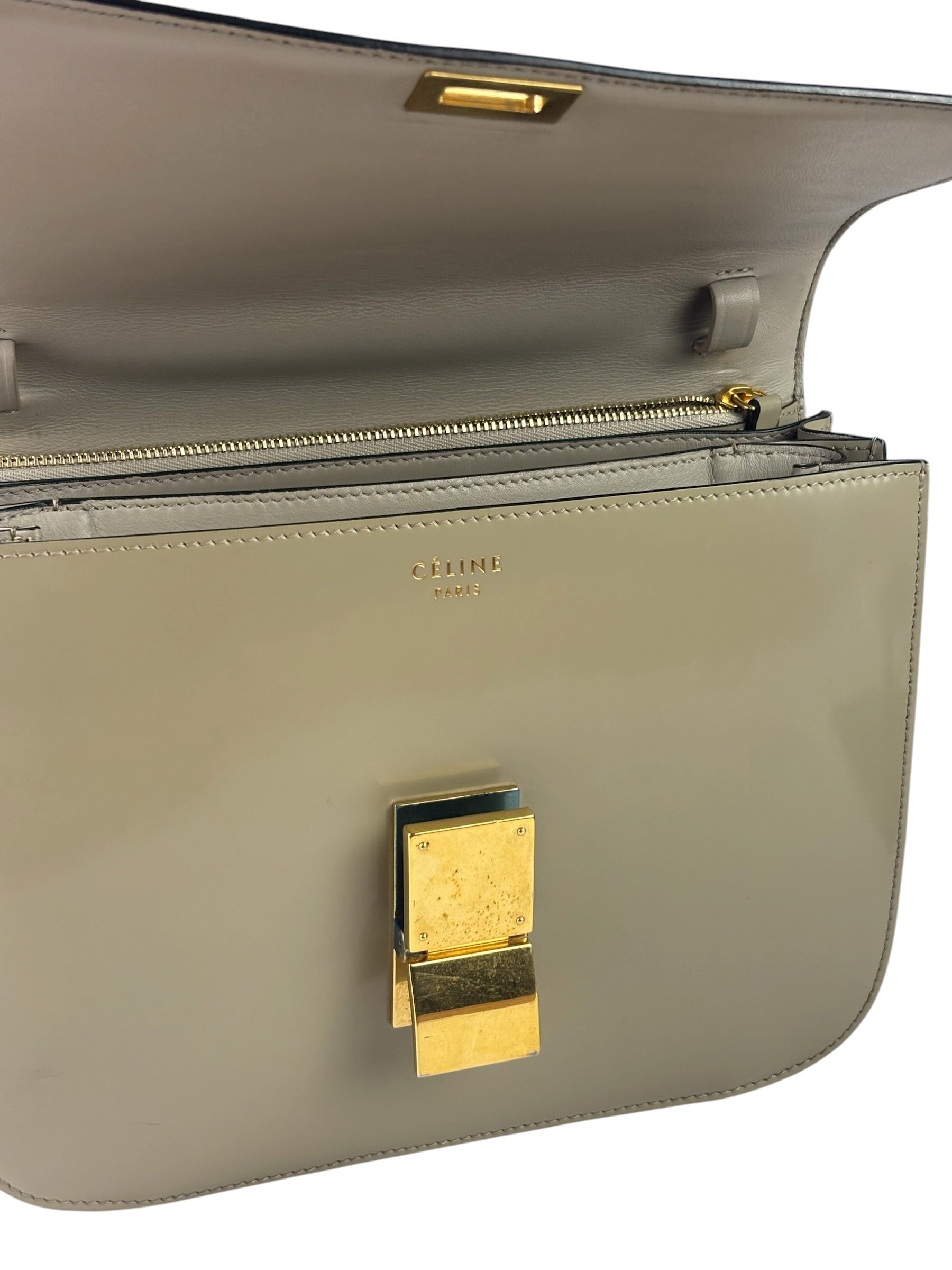 Celine Light Beige Patent Leather Classic Box Shoulder Bag