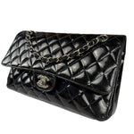 Chanel Black Patent Quilted Leather Double Flap Bag