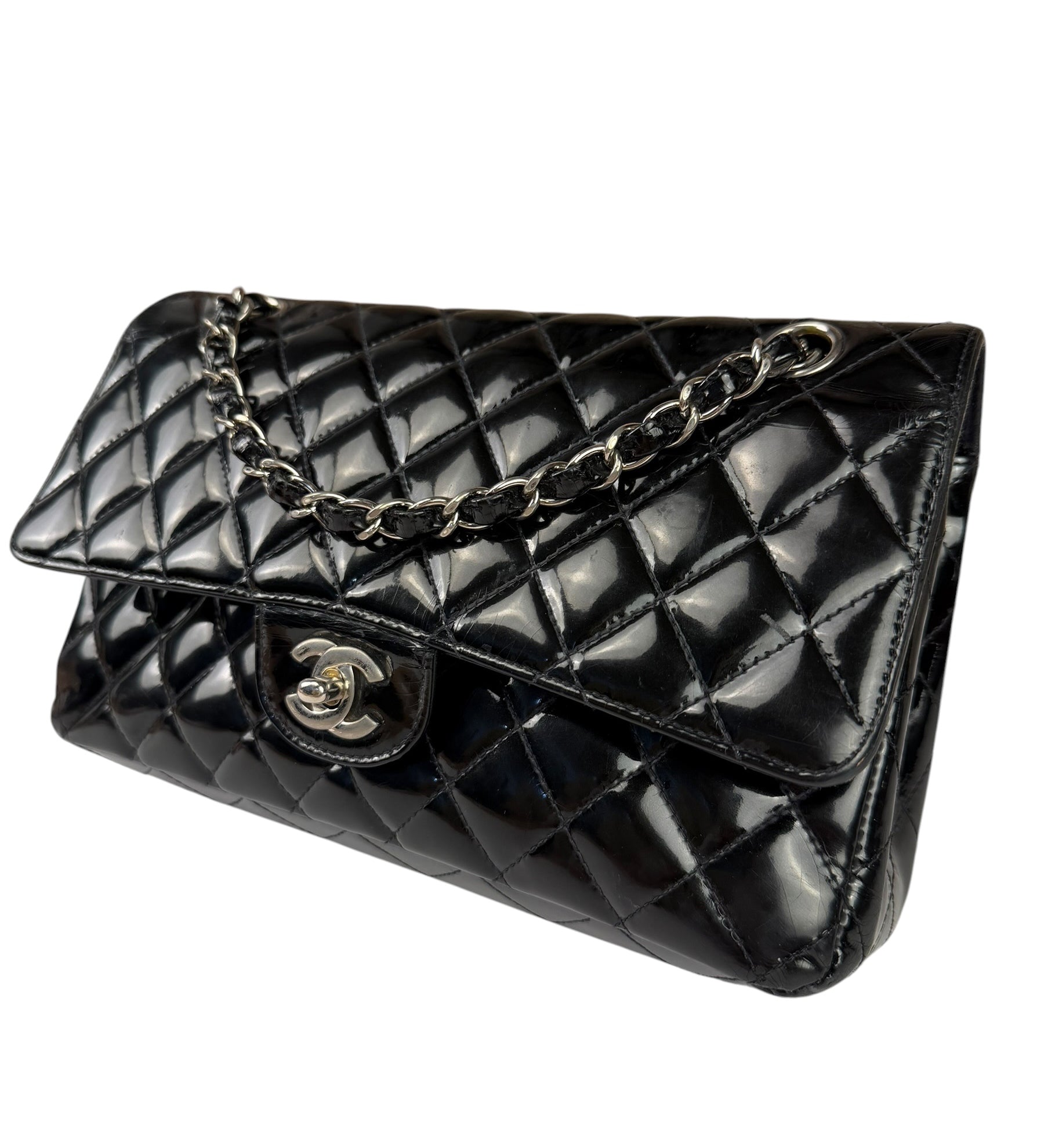 Chanel Black Patent Quilted Leather Double Flap Bag