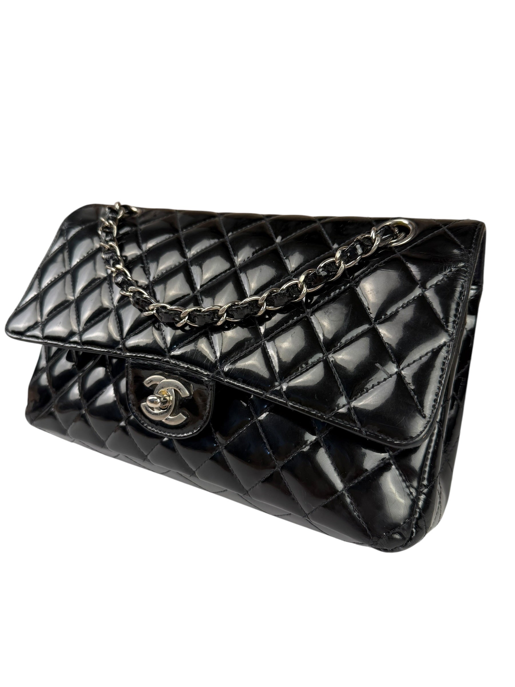 Chanel Black Patent Quilted Leather Double Flap Bag