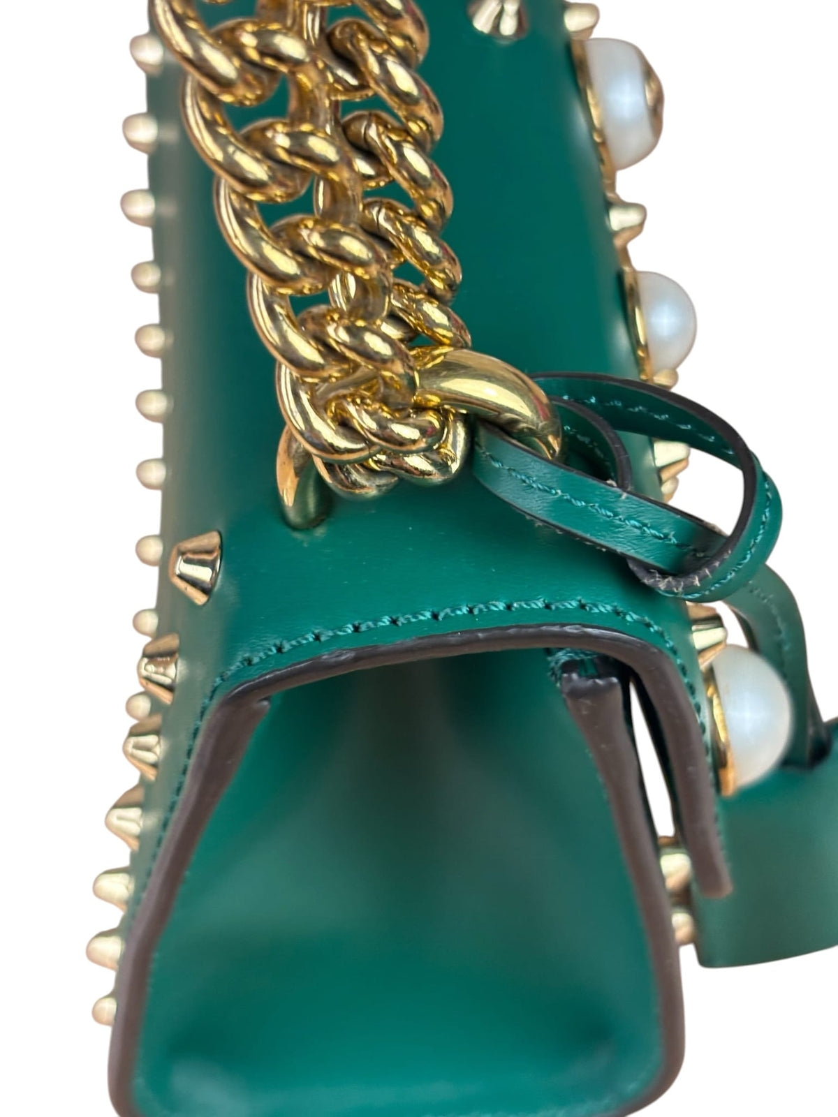 Gucci Green Leather Faux Pearls & Studs Small Padlock Bag