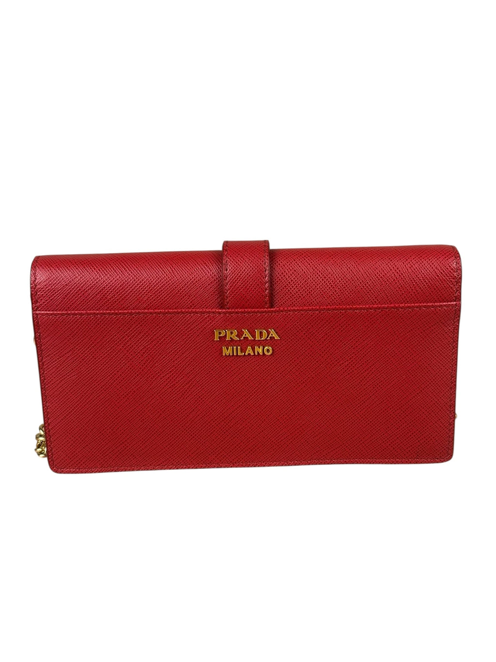 Prada Red Saffiano Leather Flap Wallet On Chain