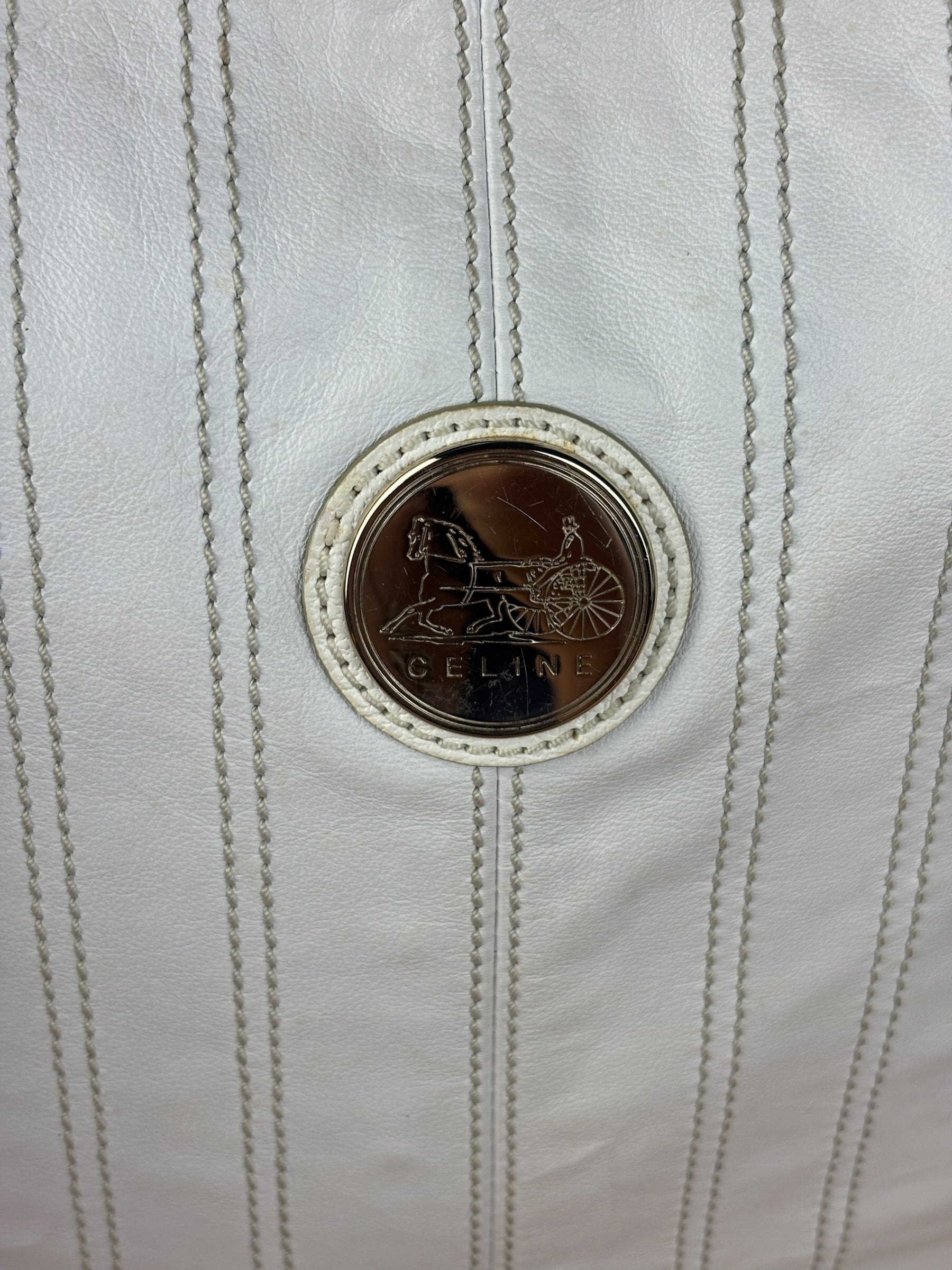 Celine Vintage White Leather Stitch Hobo Shoulder Bag