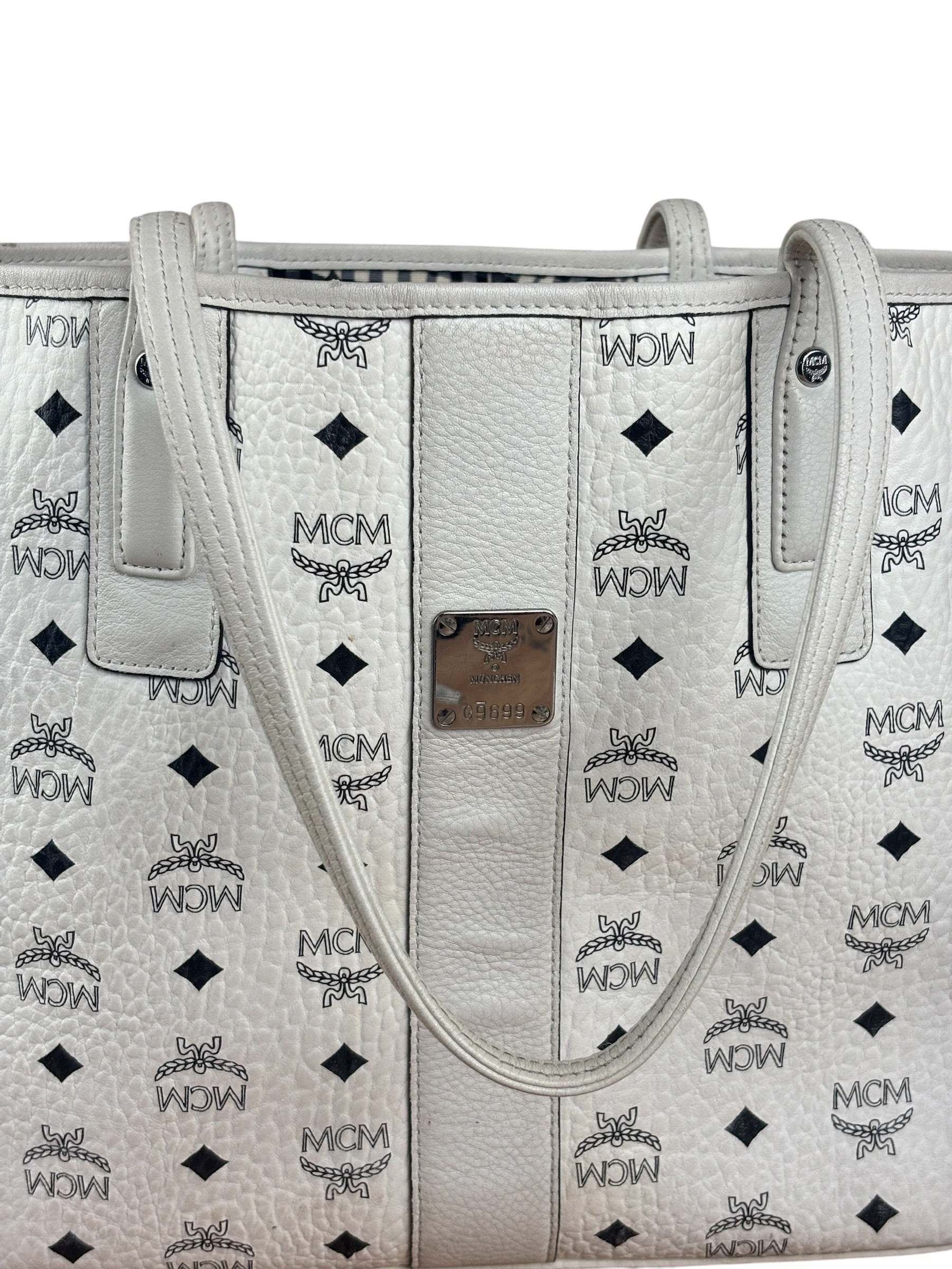 MCM White Leather Reversible Liz Shopper In Visetos Tote Bag