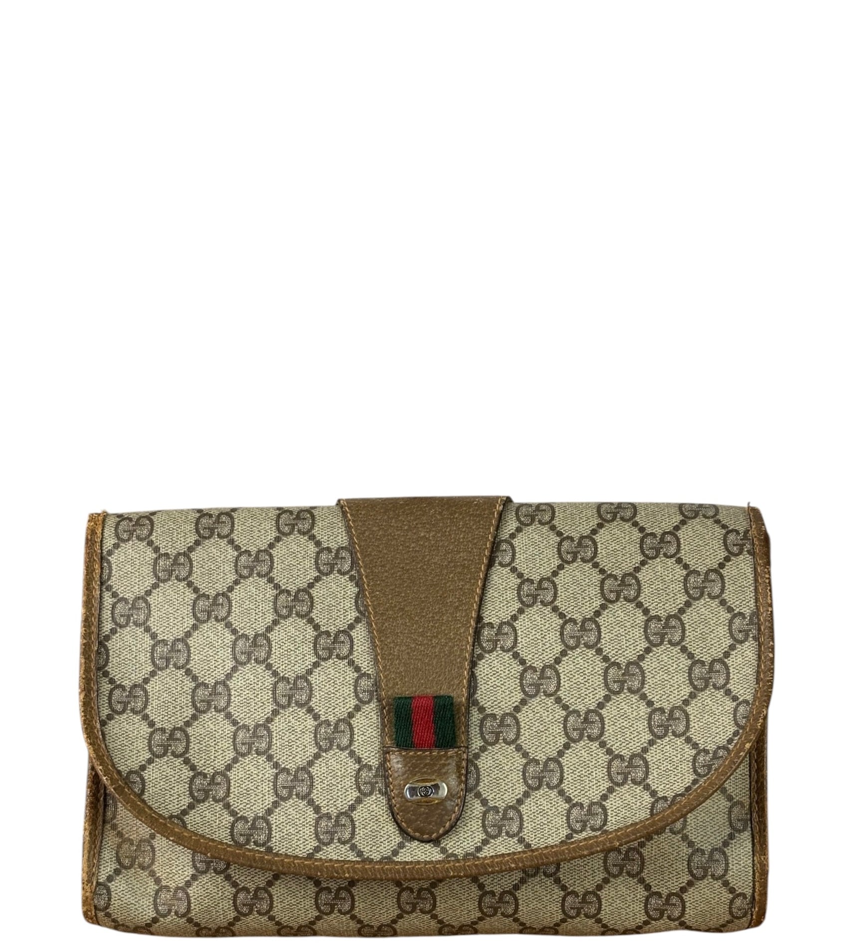 Gucci Brown Leather Trim GG Accessory Collection Clutch