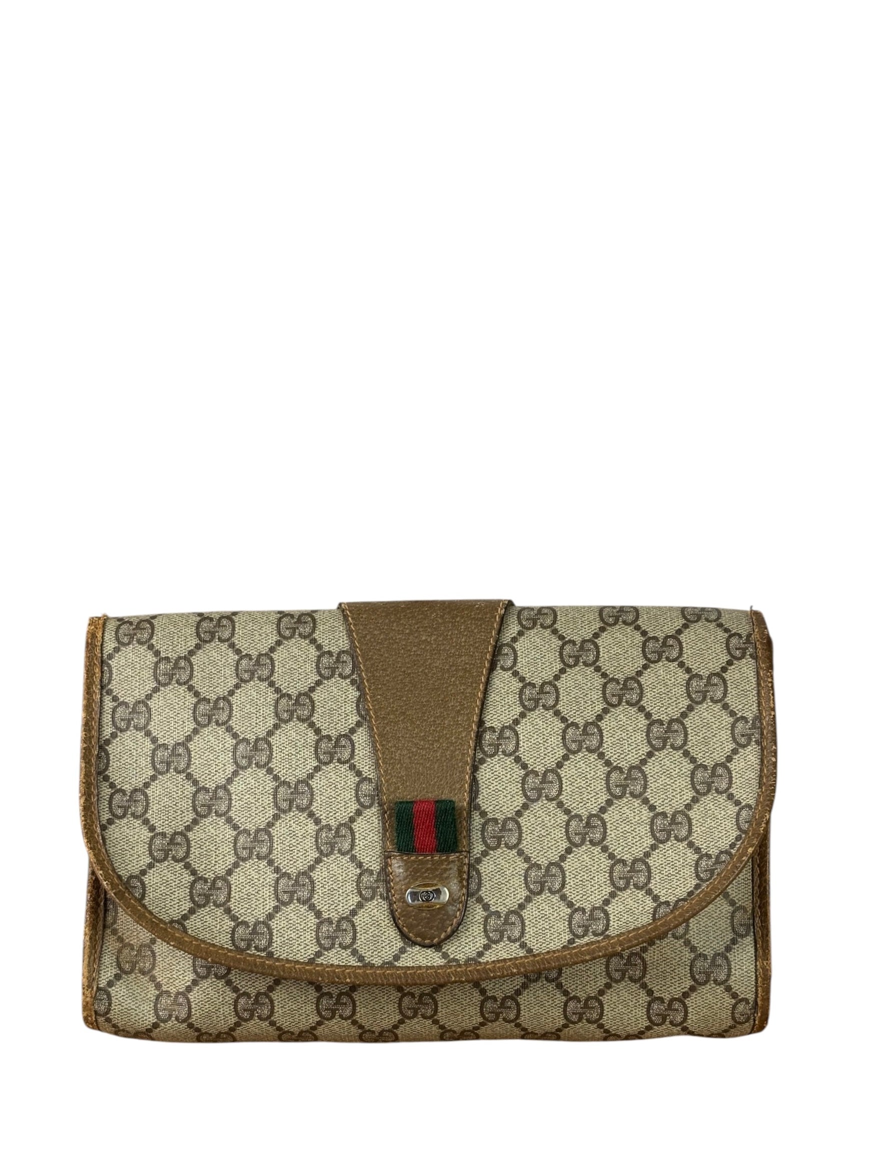Gucci Brown Leather Trim GG Accessory Collection Clutch