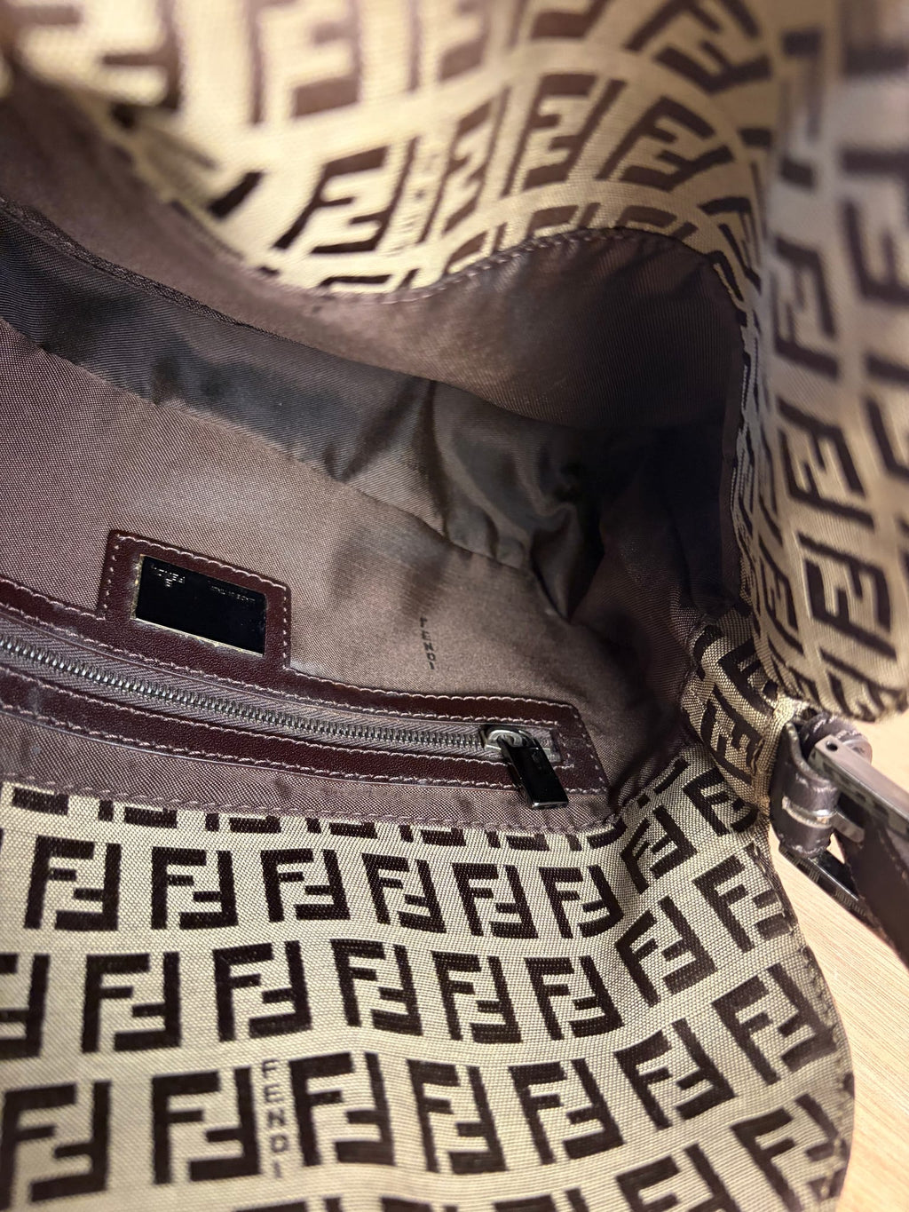 Fendi Beige/Brown Leather Trim Zucca Baguette