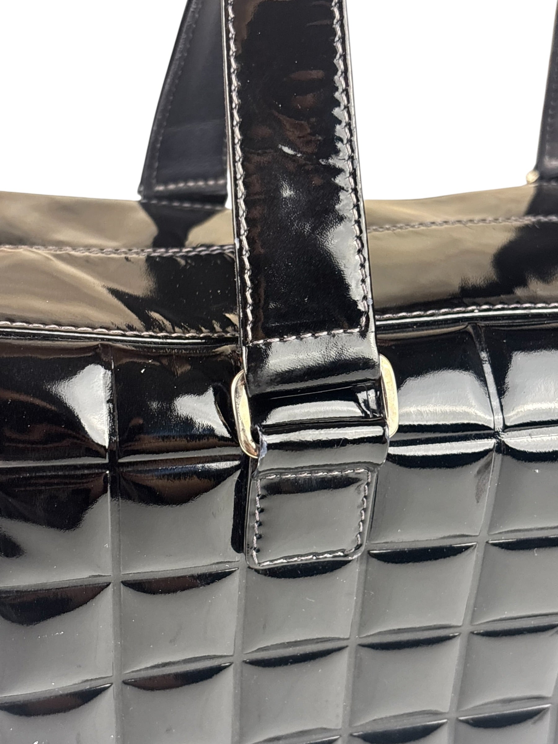 Chanel Black Leather Patent Chocolate Bar Bowler Hand Bag