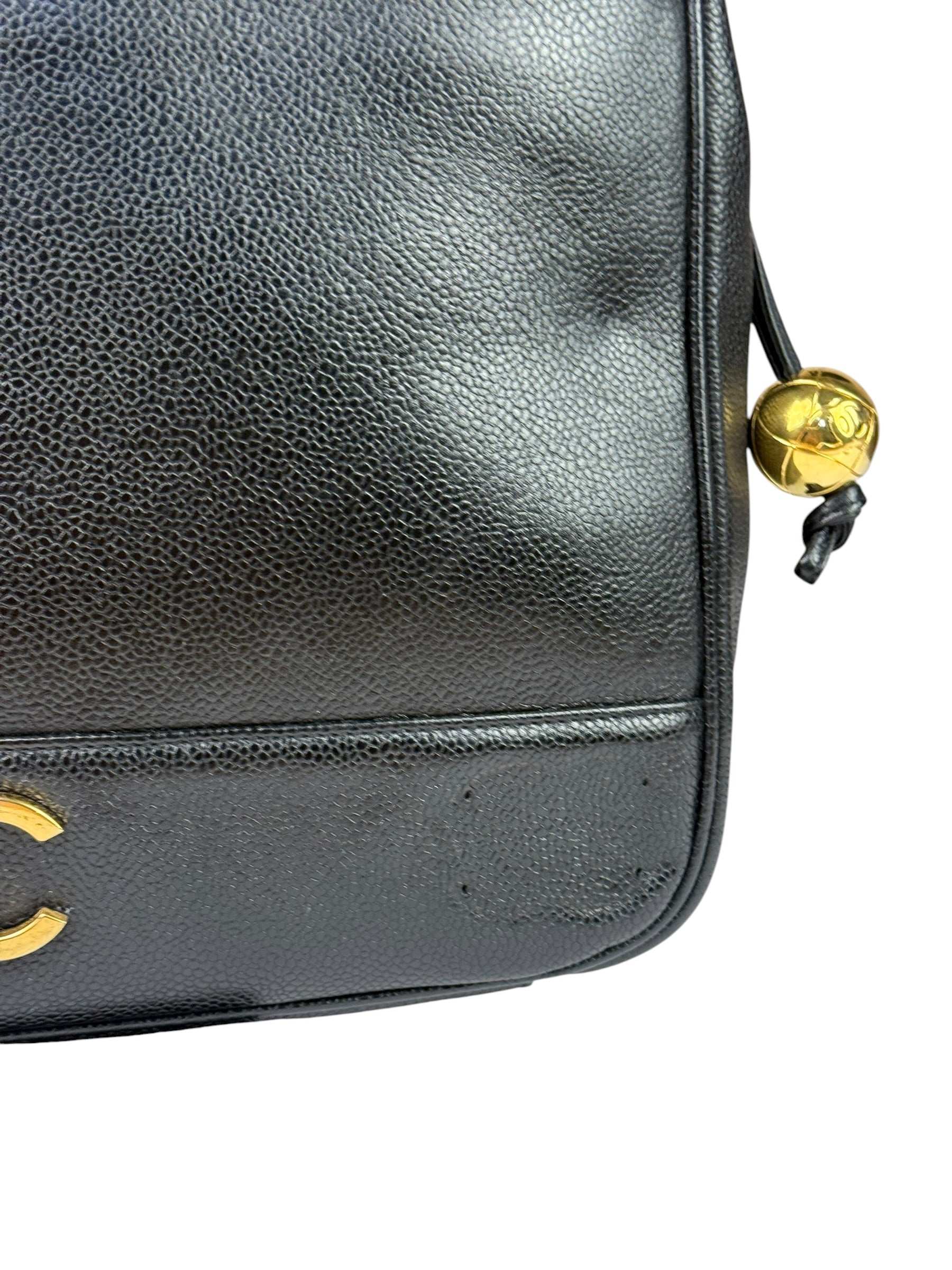 Chanel Vintage Black Caviar Leather Triple CC Chain Tote Bag