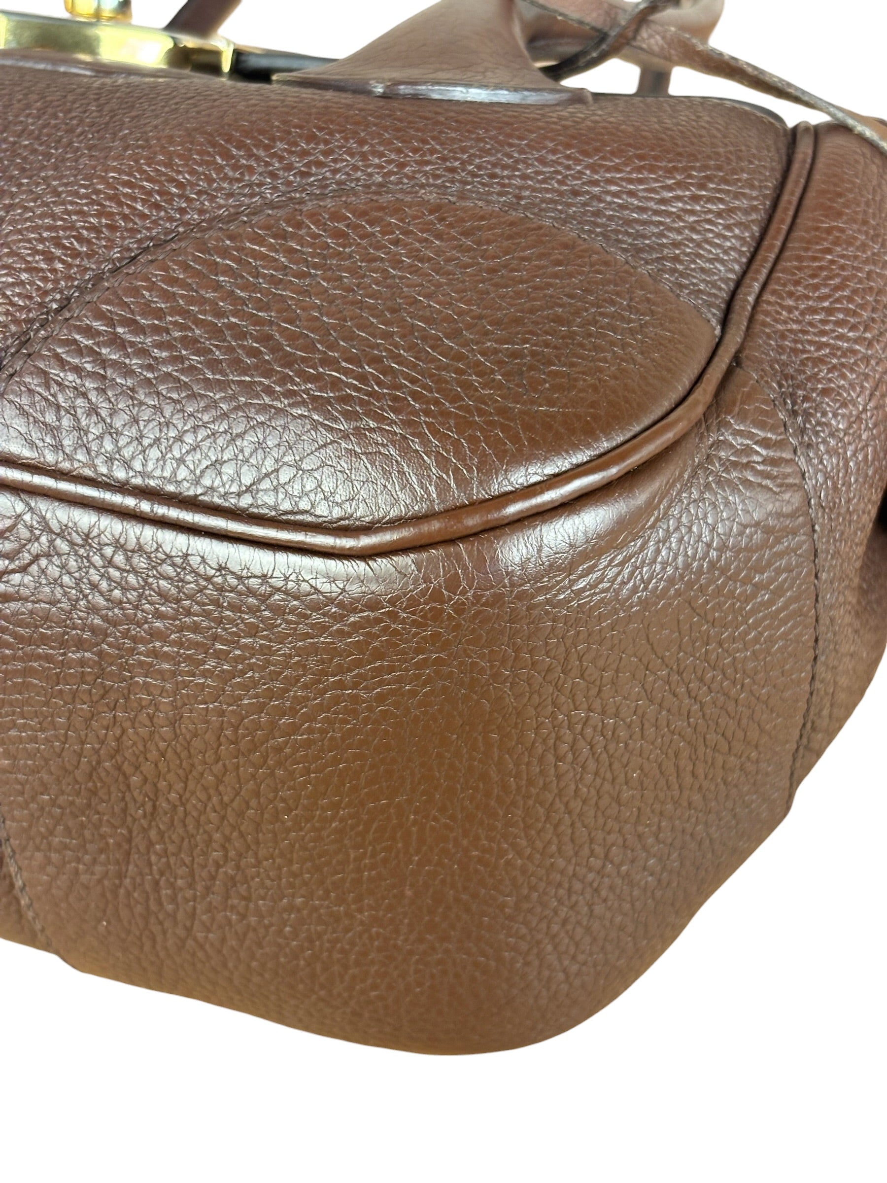 Prada Rich Brown Vitello Daino Sound Lock Satchel Shoulder Bag