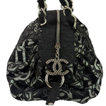 Chanel Black CC Jacquard Chain Silver Metallic Bowler Handbag 2005