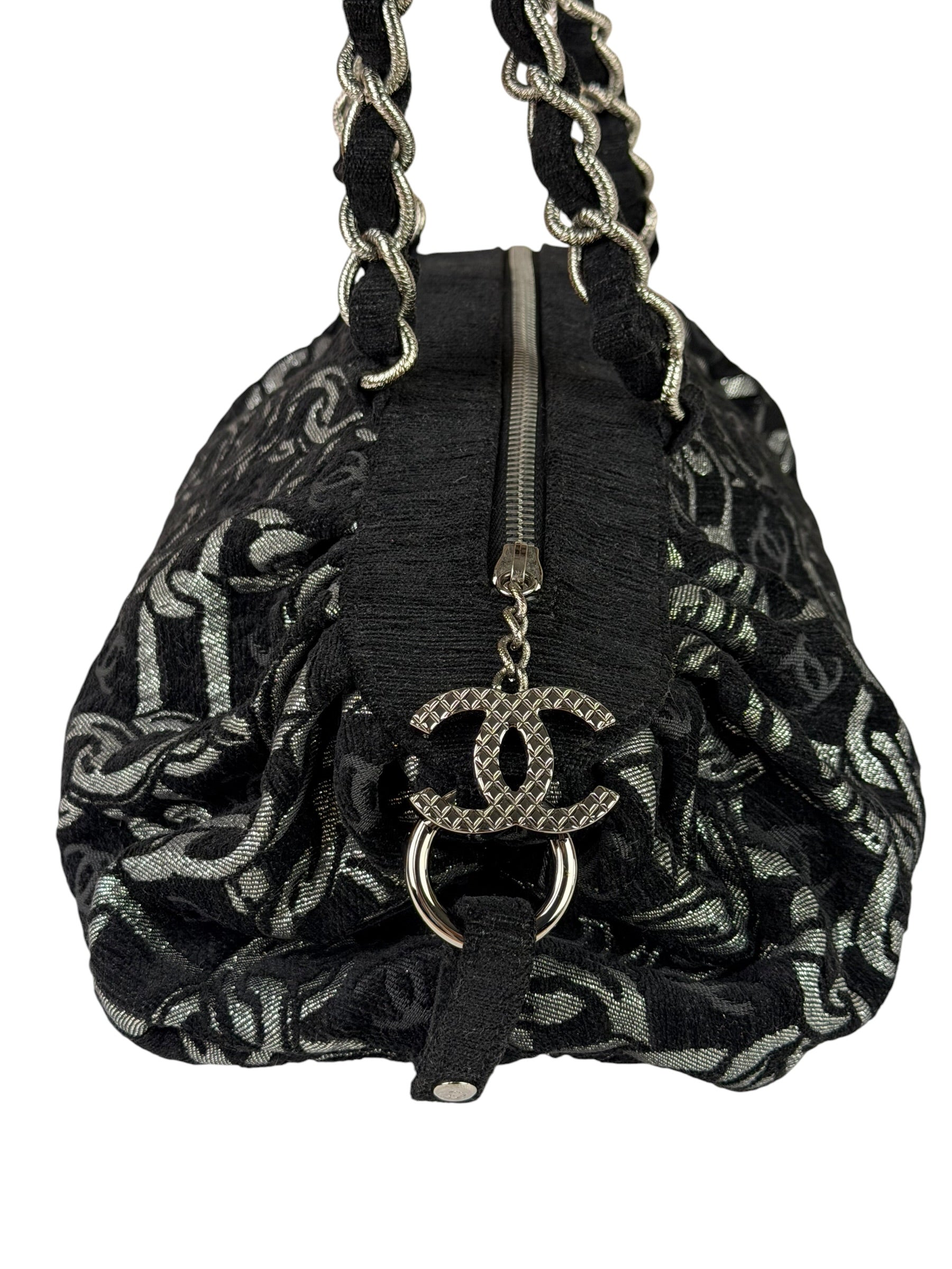 Chanel Black CC Jacquard Chain Silver Metallic Bowler Handbag 2005