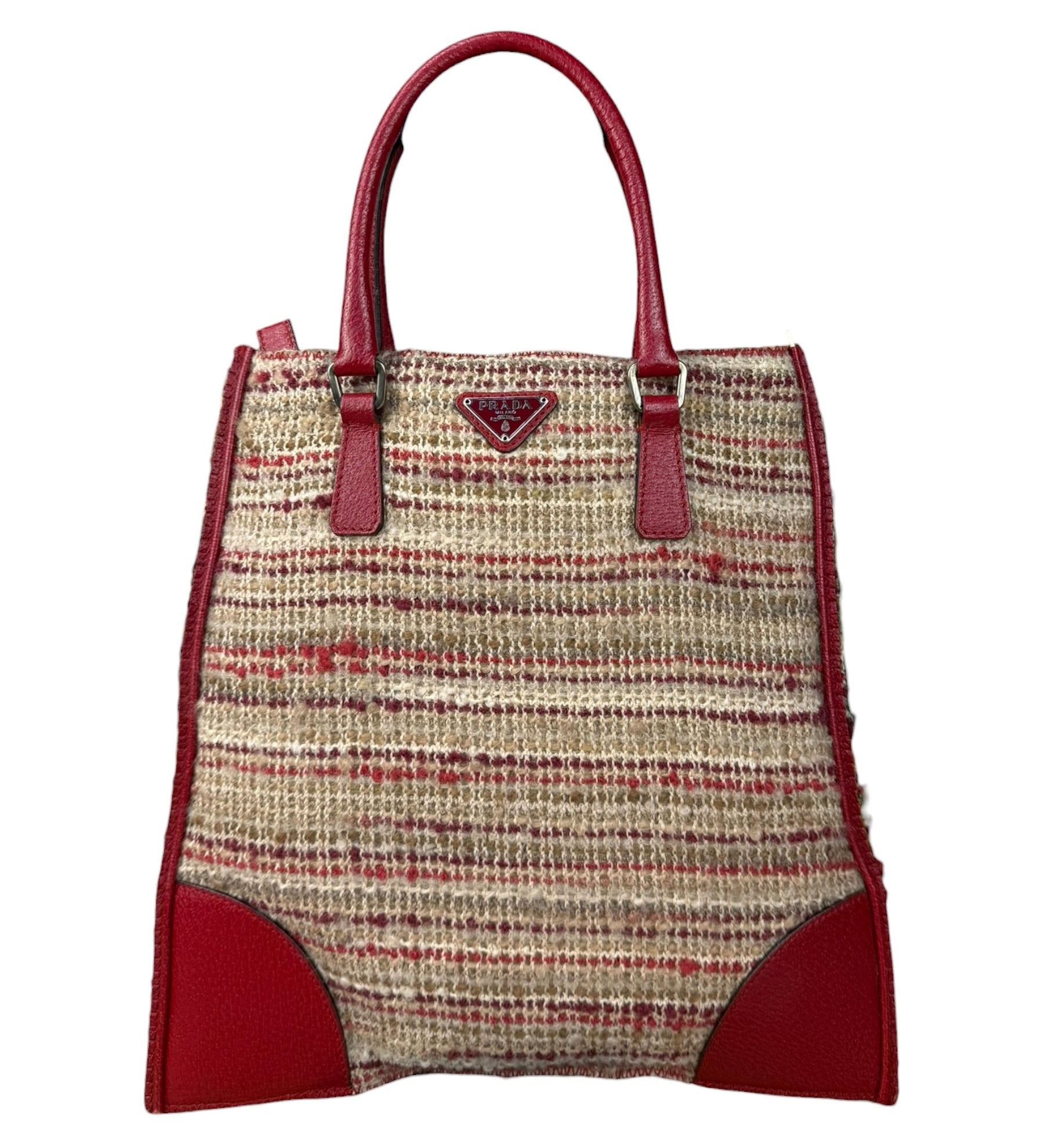 Prada Vintage Red Woven Tweed Zip Tote