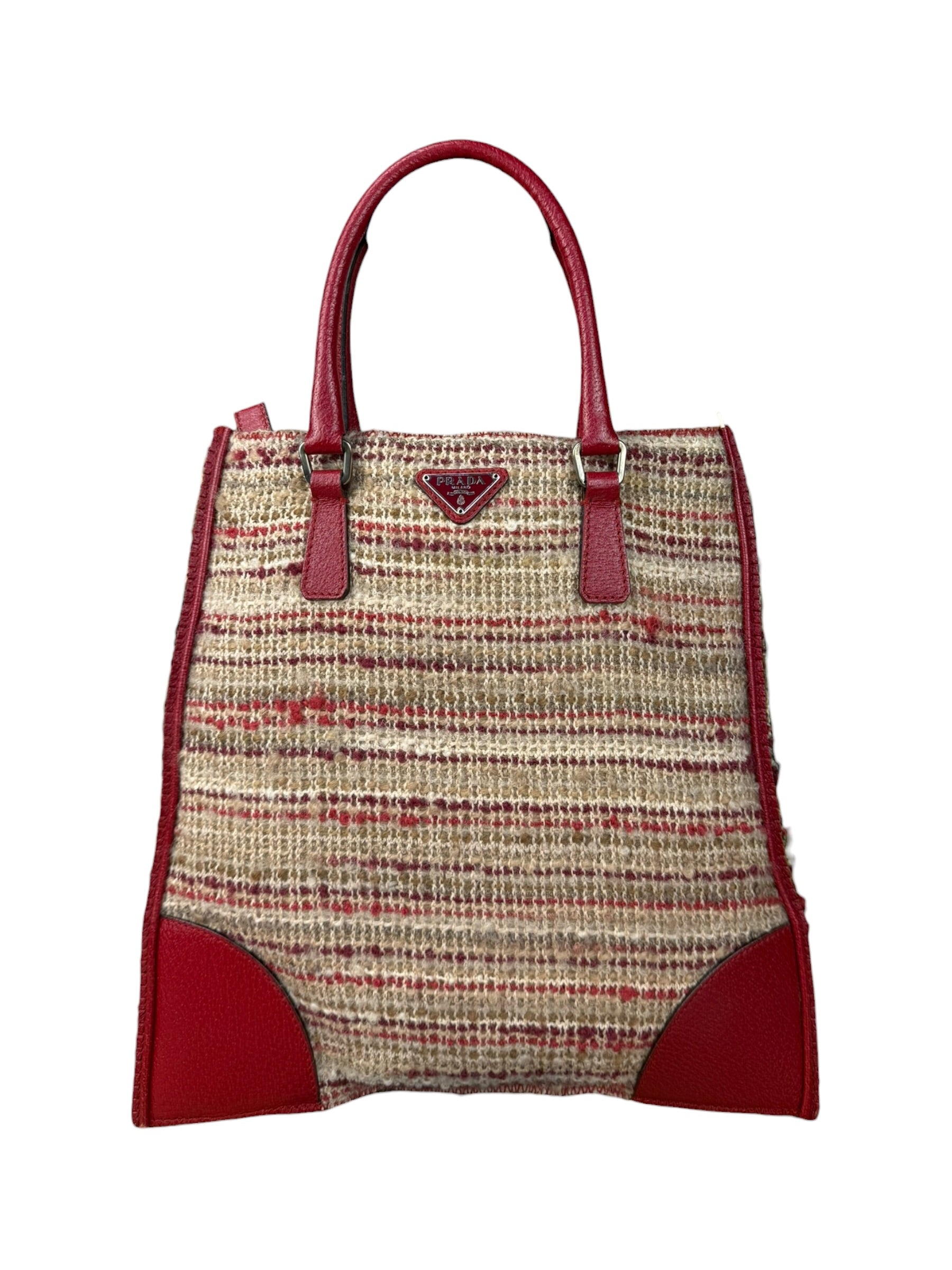Prada Vintage Red Woven Tweed Zip Tote