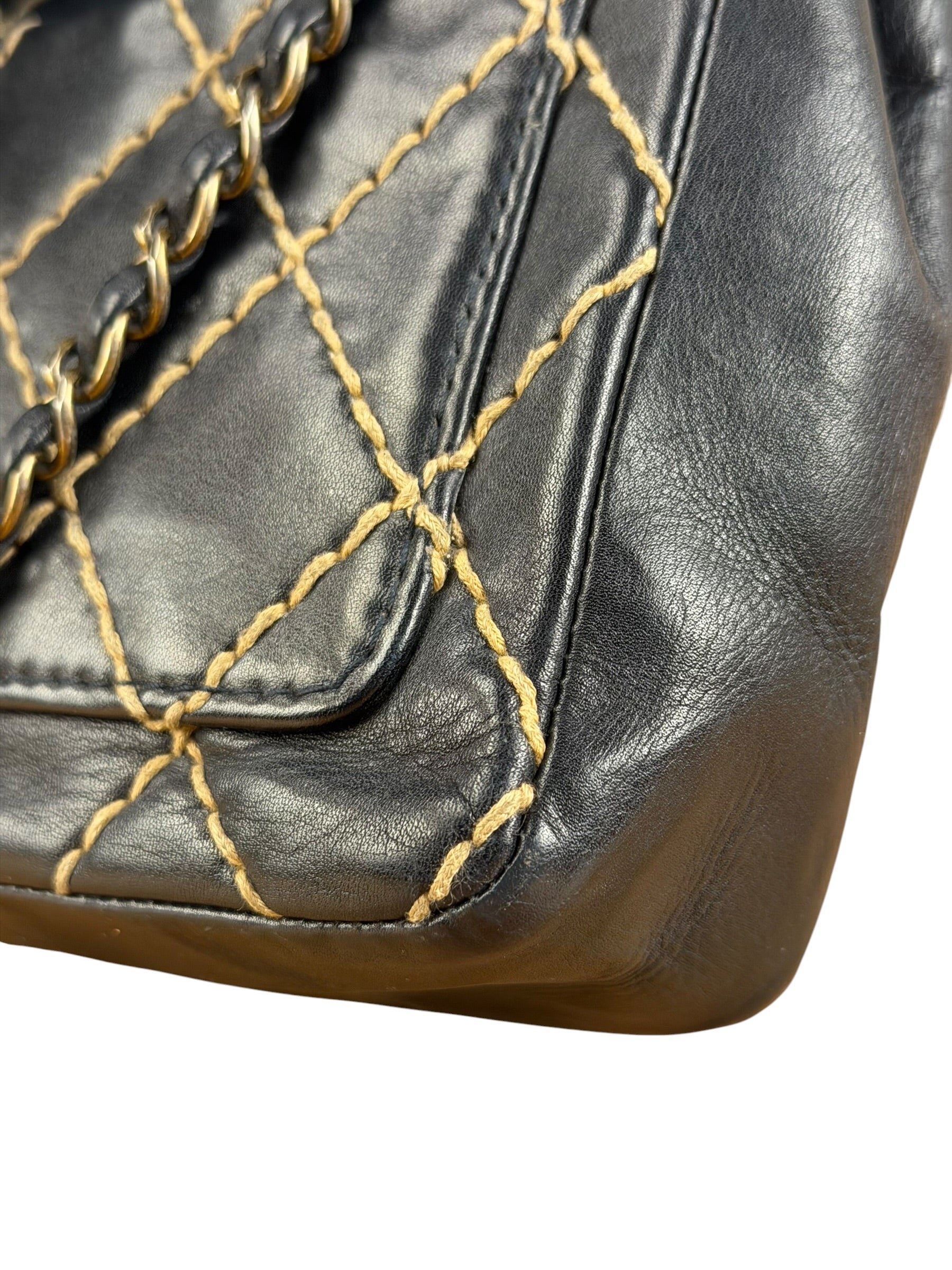 Chanel Vintage Navy Blue Leather Wild Stitch Surpique Flap Bag 2001