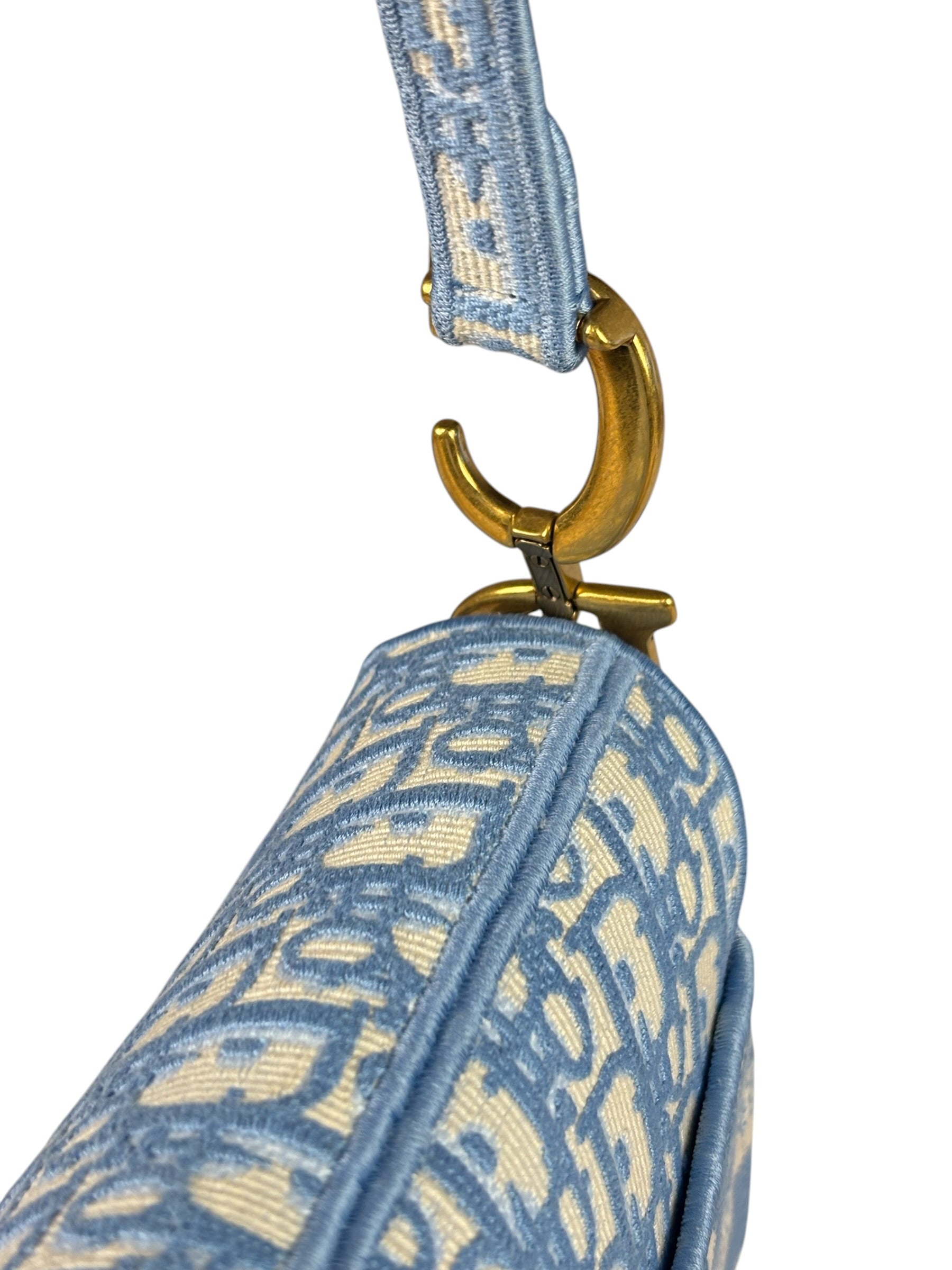 Christian Dior Blue/White Oblique Embroidered Saddle Bag