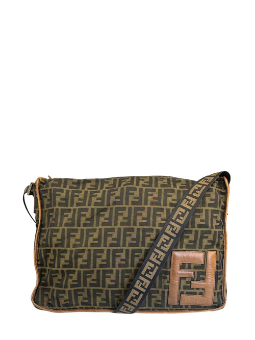 Fendi Zucca Print Brown Canvas Leather Trim Messenger Crossbody