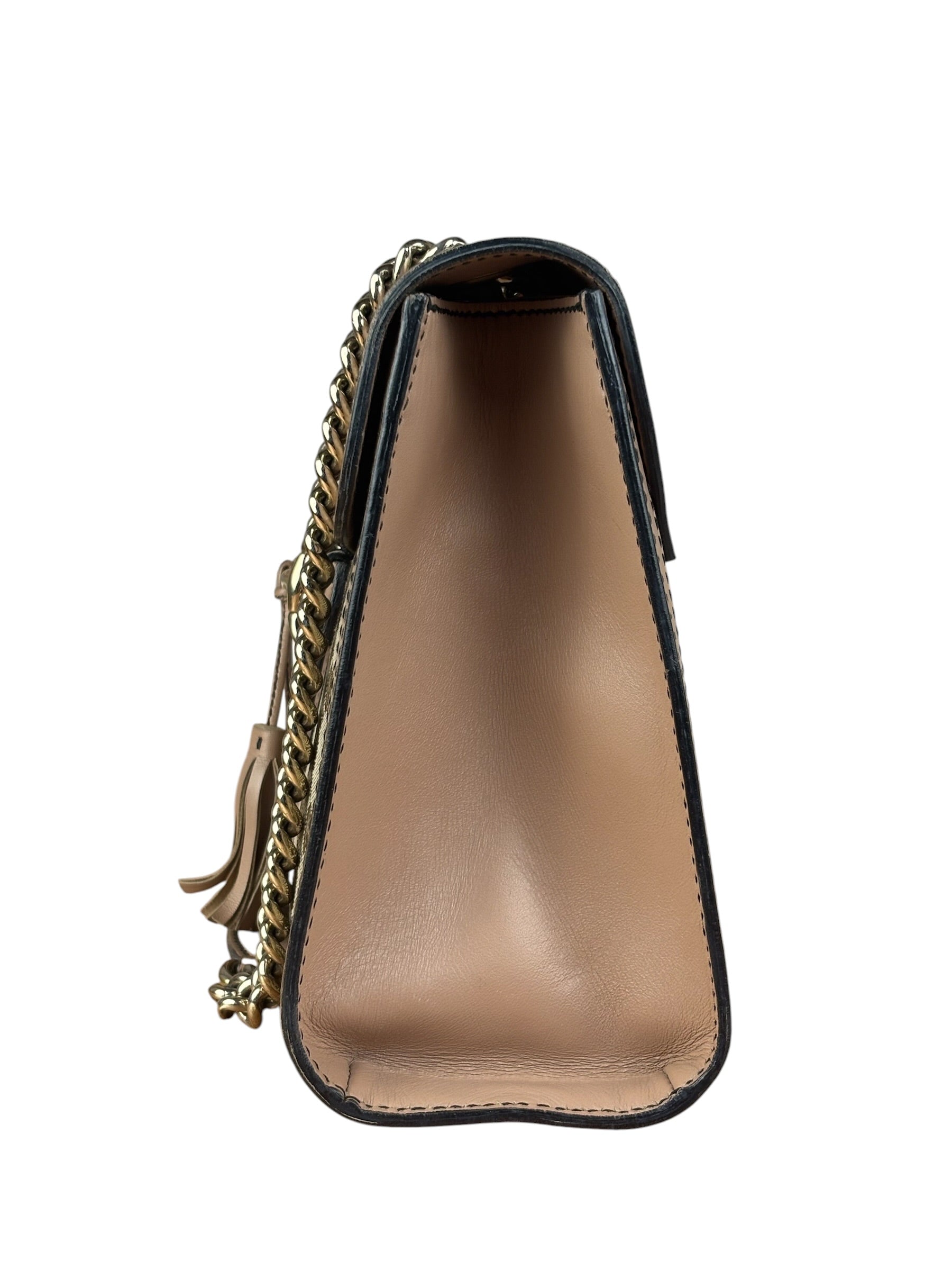 Gucci Peach Leather Trim GG Canvas Emily Chain Flap Shoulder Bag