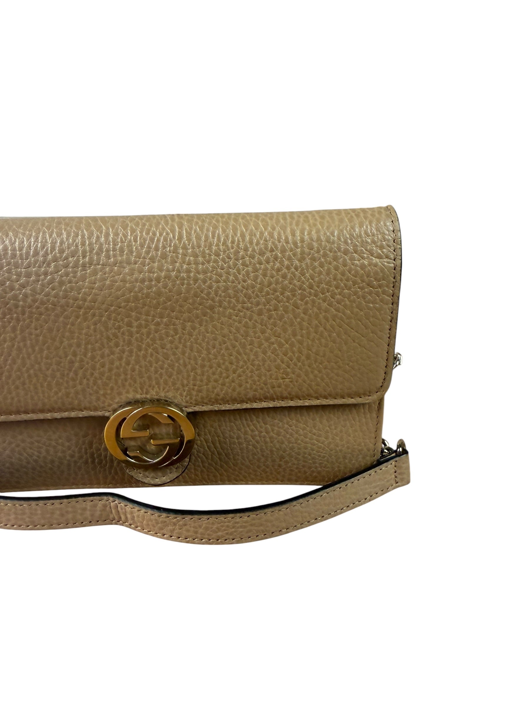 Gucci Light Caramel Pebbled Leather Wallet On Chain