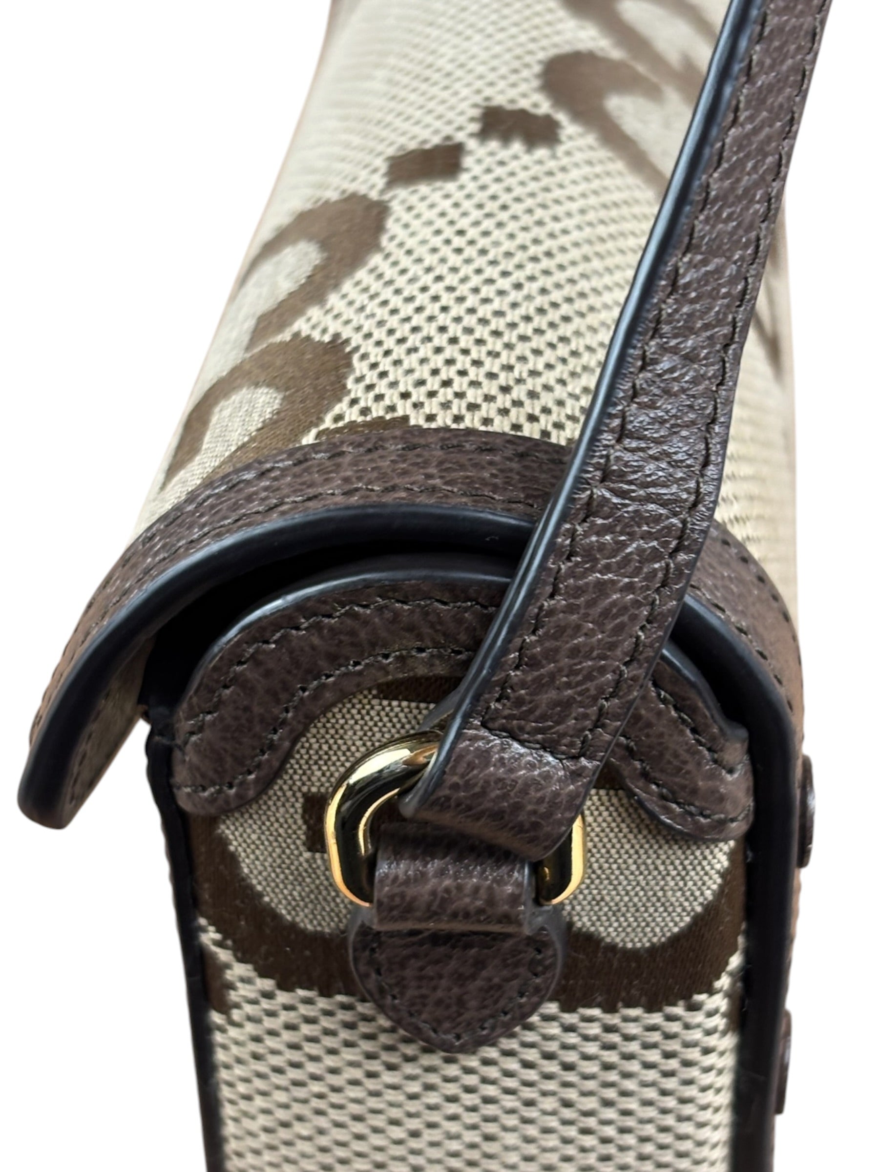 Gucci Brown Leather Trim Monogram Jumbo GG Mini Shoulder Bag