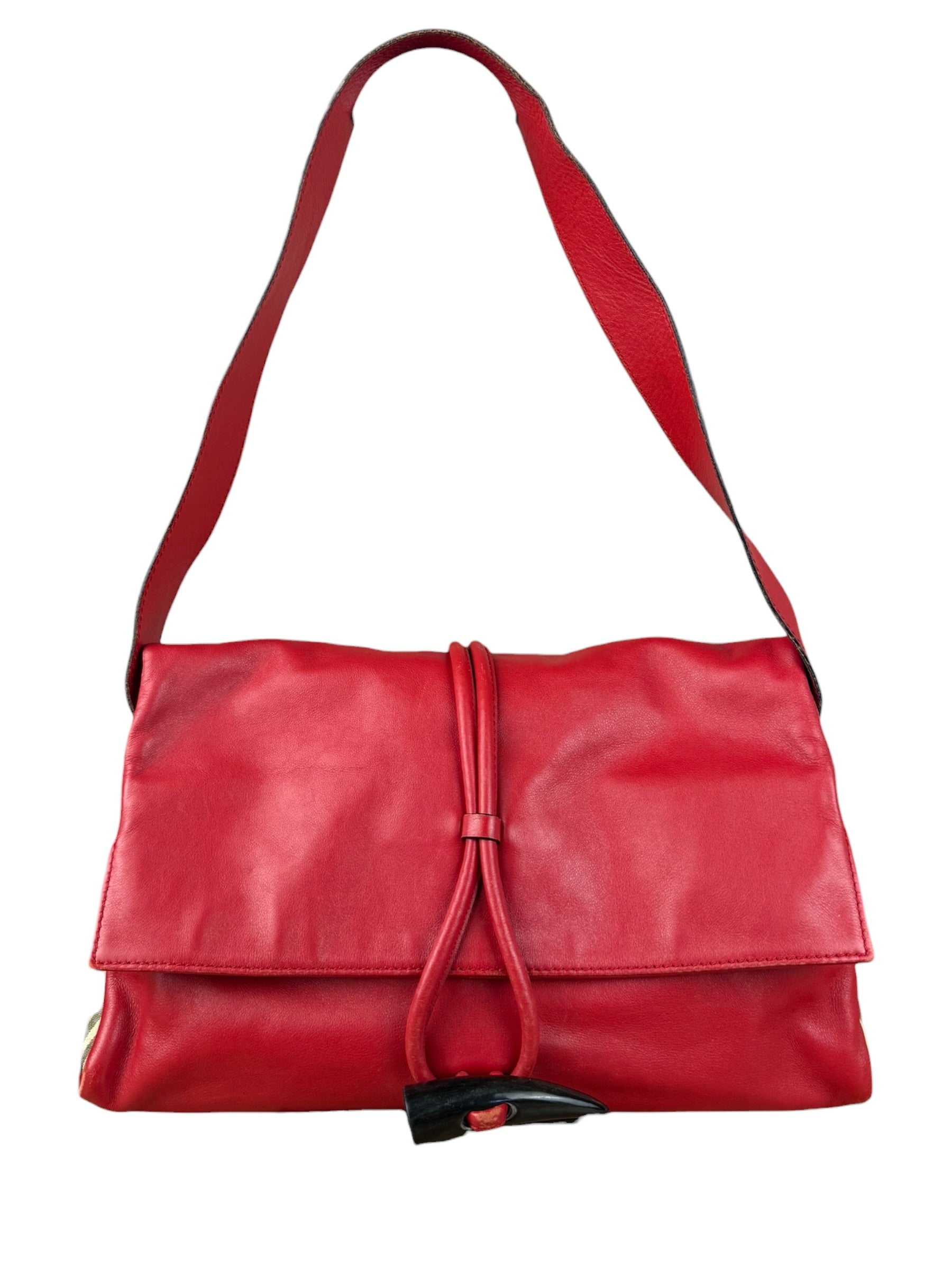 Burberry Red Leather Haymarket Check Shoulder Bag