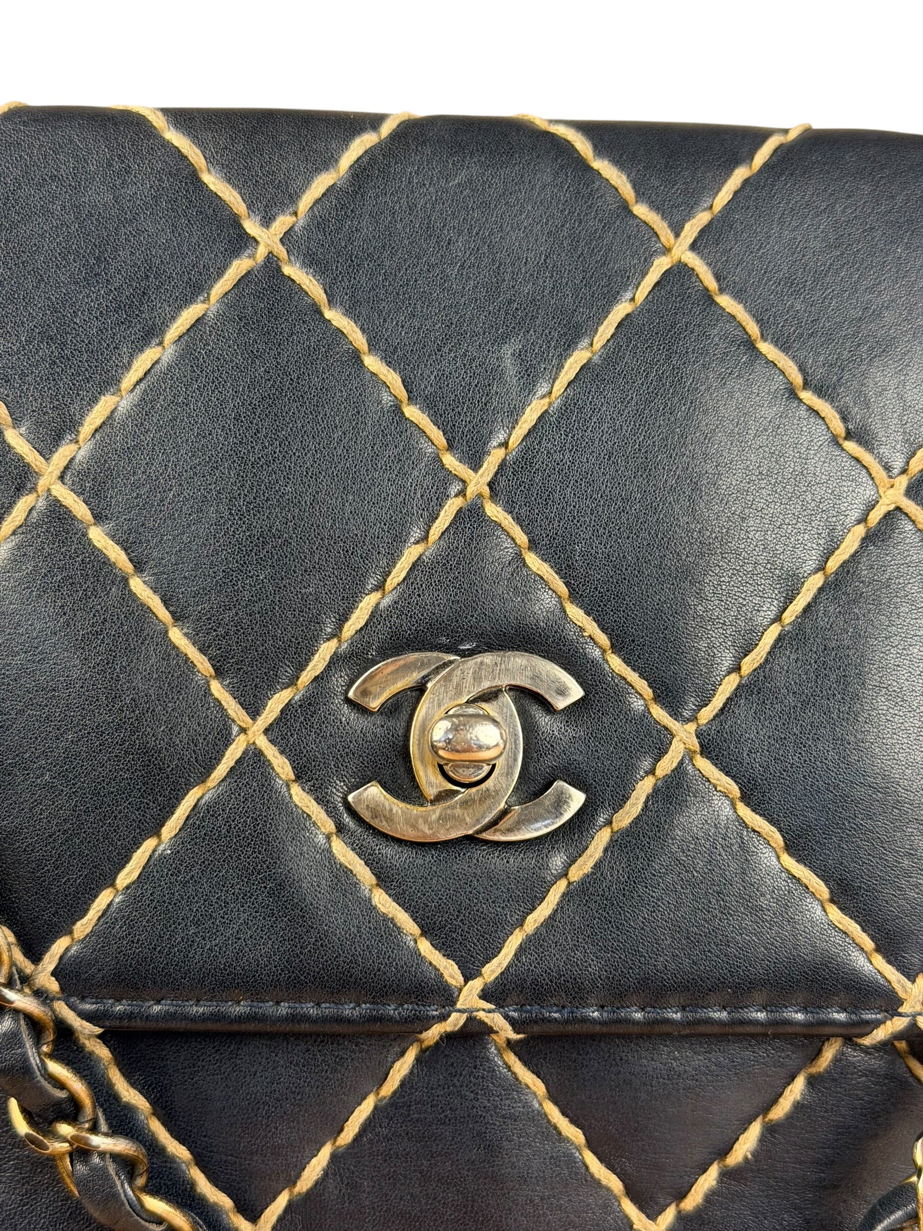 Chanel Vintage Navy Blue Leather Wild Stitch Surpique Flap Bag 2001