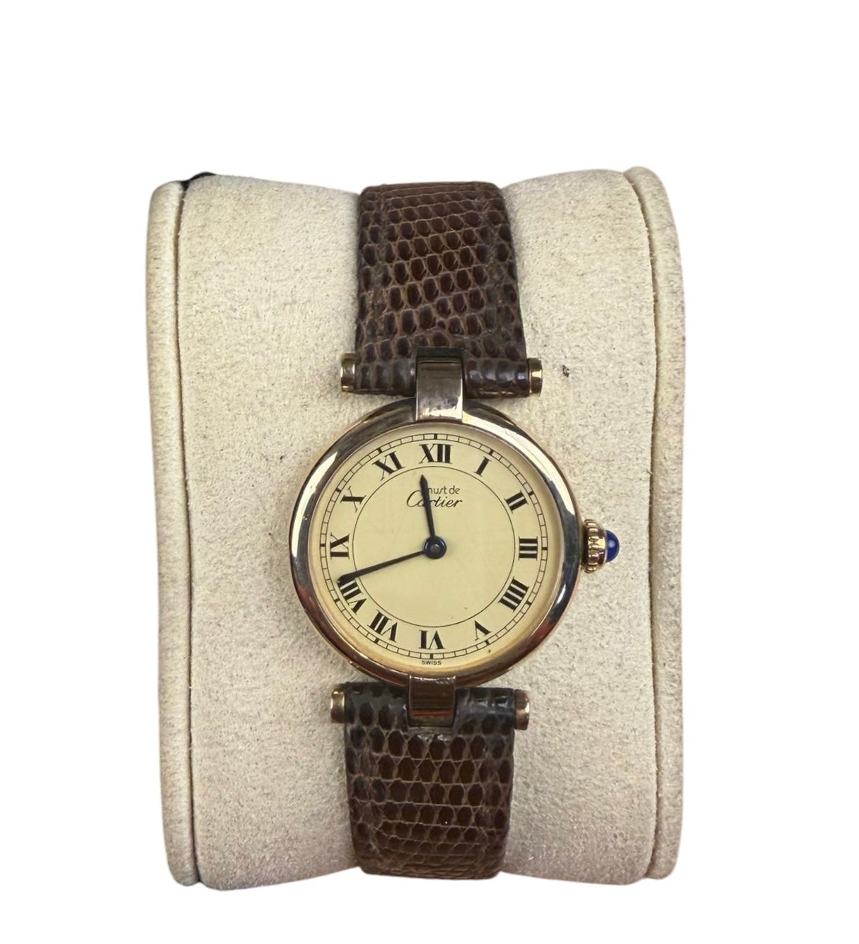 Cartier Must De Vendome Vermeil Cream Roman Dial Brown Lizard Strap